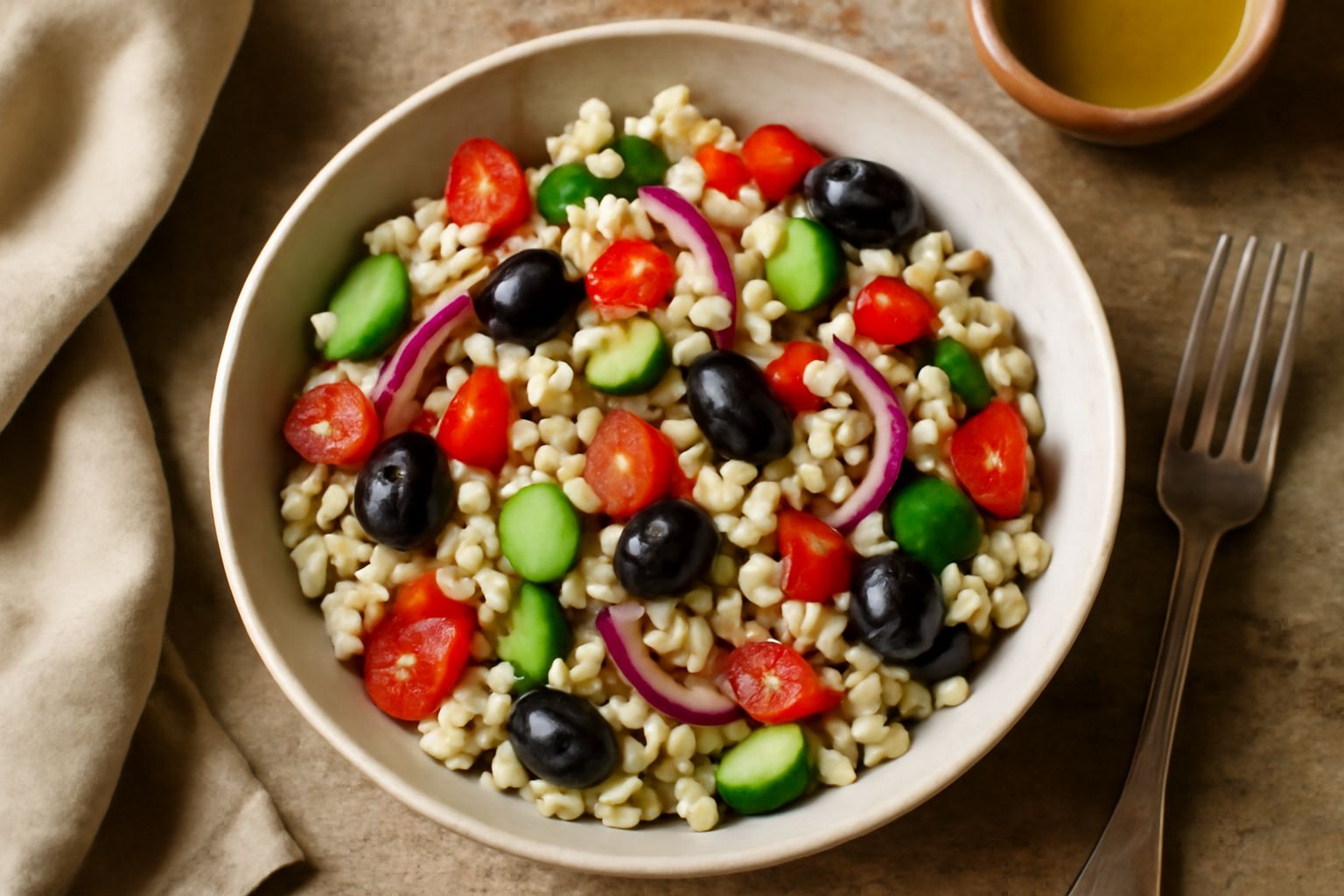 Insalata di orzo servita in una ciotola bianca, con chicchi di orzo dorato, cubetti di pomodoro rosso, fette di cetriolo verde chiaro, cipolla rossa, olive nere e prezzemolo fresco verde. Olio d'oliva