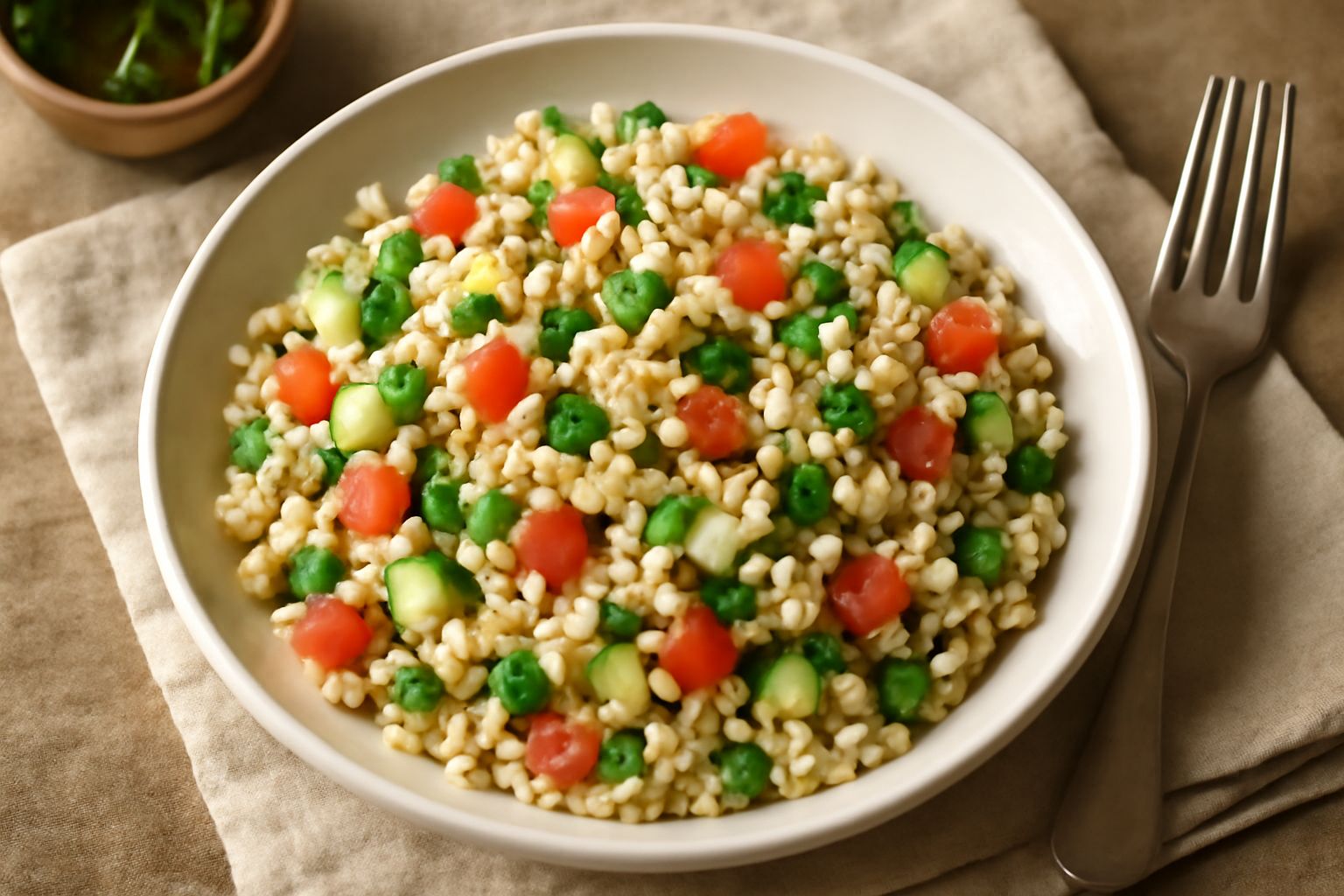 Insalata di orzo in una ciotola bianca con cereali chiari, pomodori rossi, cetrioli verdi, cipolla bianca affettata, e foglie di prezzemolo fresco, il tutto cosparso di olio d'oliva dorato