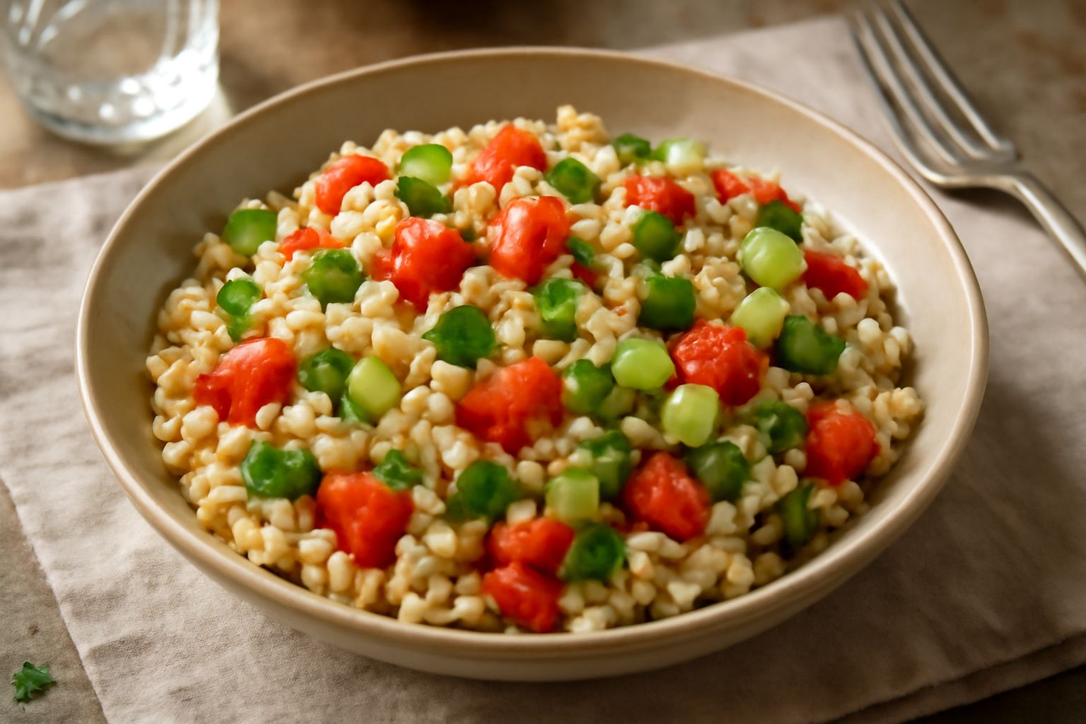 Ciotola bianca con insalata di orzo freddo: chicchi d'orzo perlato beige mescolati a cubetti di pomodoro rosso, cetriolo verde, cipolla rossa, prezzemolo fresco e basilico. Condimento dorato di olio d