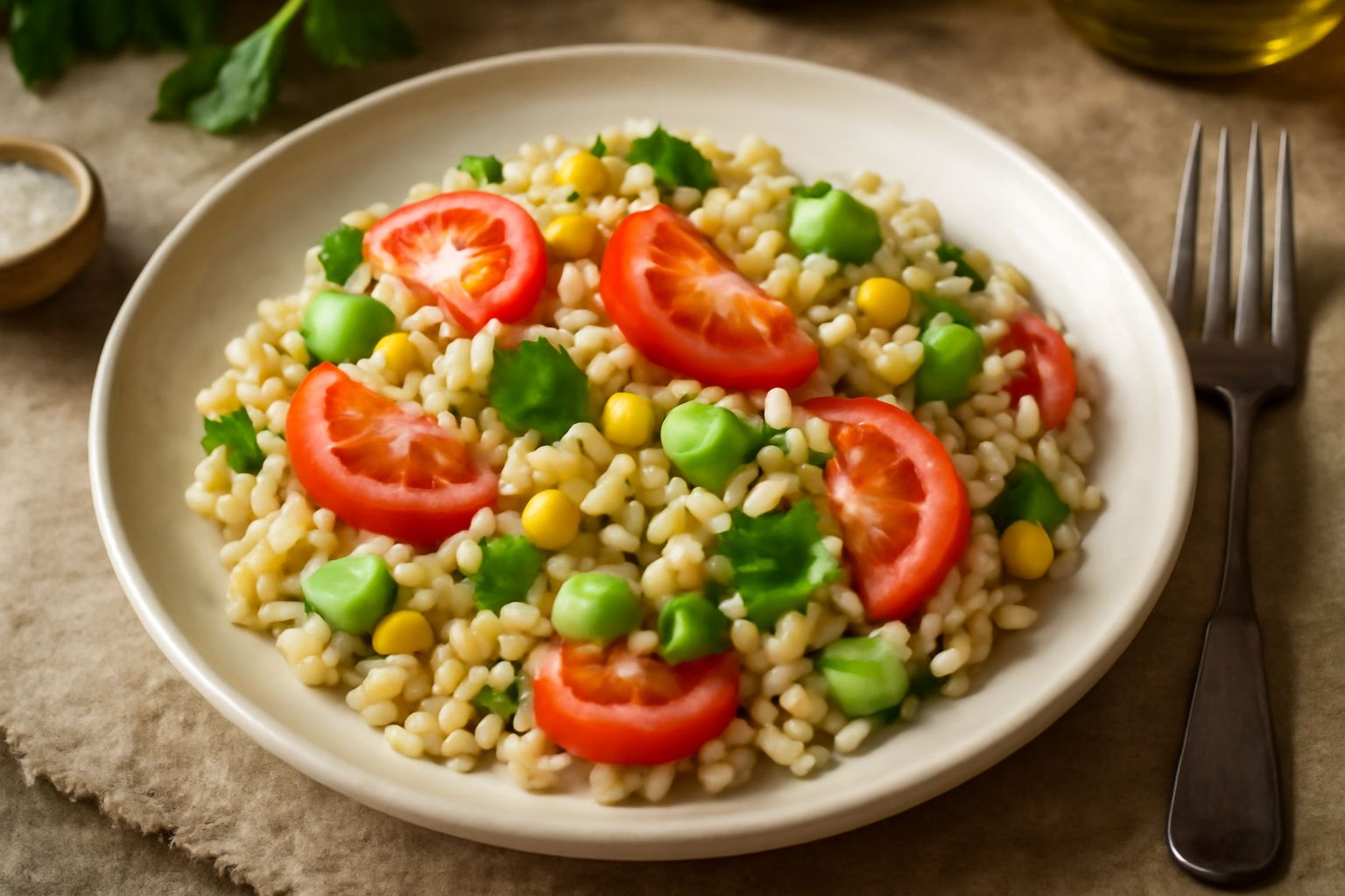 Insalata di orzo perlato in una terrina di ceramica bianca, con chicchi d'orzo beige, pomodori rossi tagliati, cetrioli verdi, piselli gialli e foglie di prezzemolo fresco, condita con olio dorato.