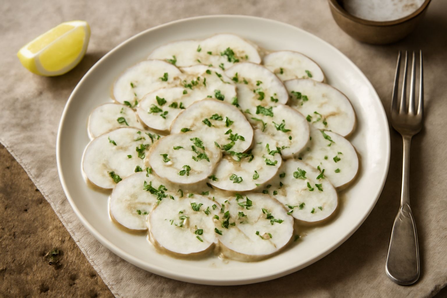 Piatto bianco con ovoli affettati sottili dal colore bianco crema, ricoperti di olio d'oliva lucido e fettine di limone giallo, con prezzemolo fresco verde sparguto e grani di sale grosso visibili
