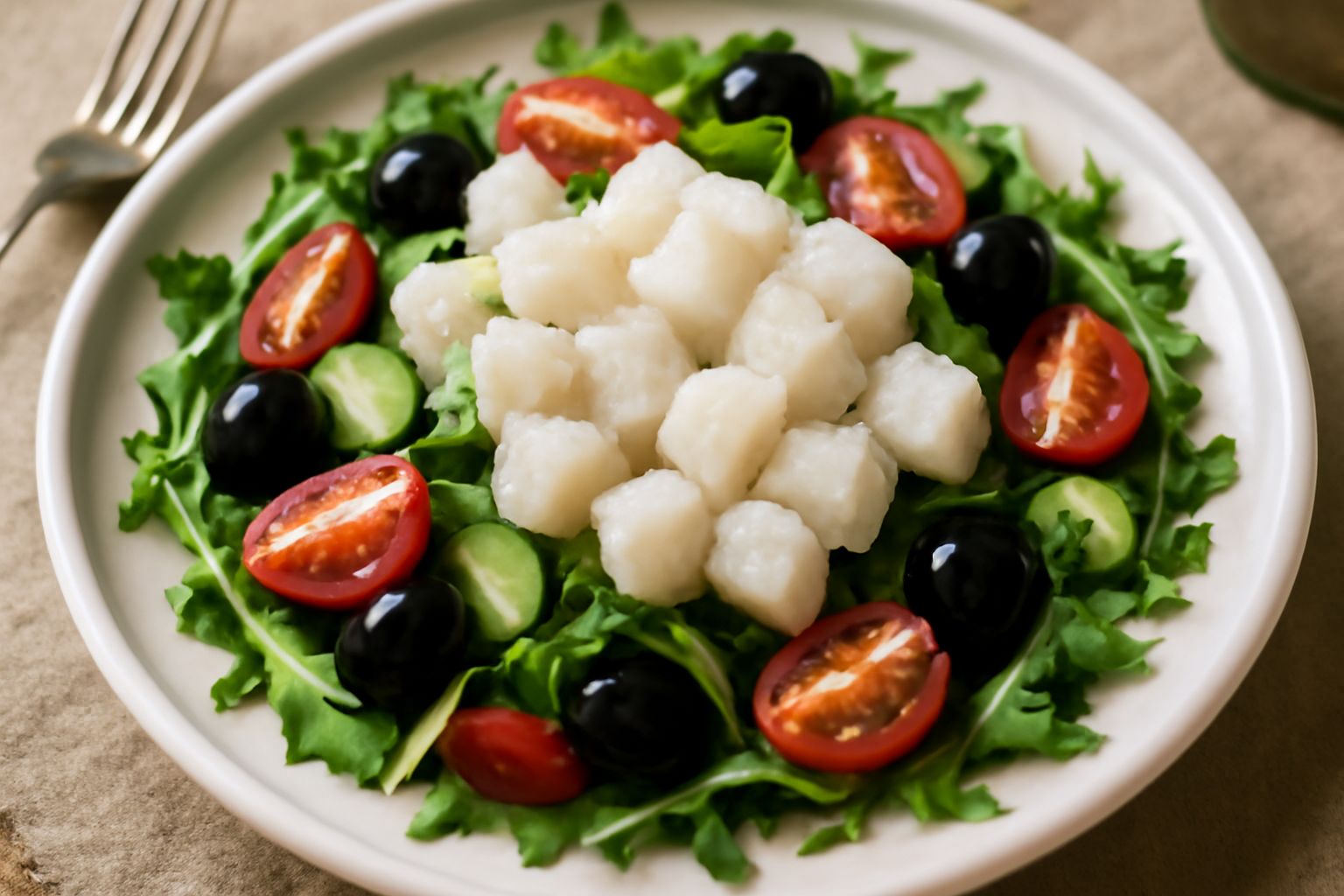 Piatto bianco con cubetti di pesce pagello bianco e traslucido, marinato con limone, foglie di rucola verde, pomodorini rossi a metà, olive nere, e un filo di olio verde chiaro. Fondo neutro.