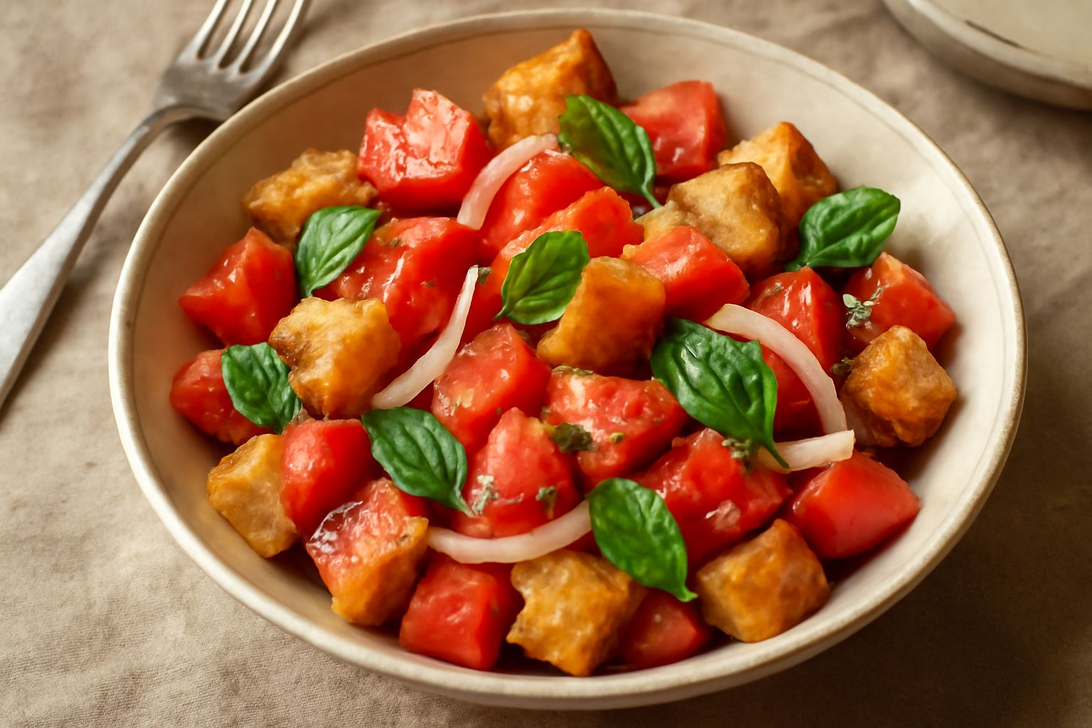Insalata di pane e pomodori in ciotola di ceramica bianca: pezzi di pane tostato giallo, pomodori rossi tagliati a dadini, basilico verde, cipolla bianca, condita con olio dorato, servita con un cucch