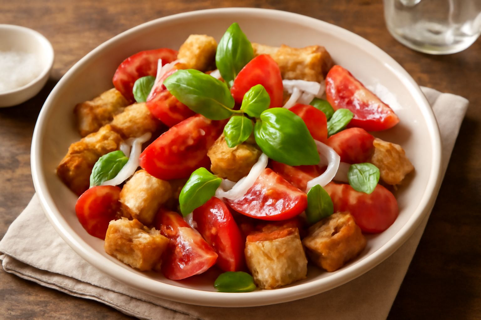 Insalata di pane e pomodoro in una ciotola bianca: cubetti di pane tostato dorato mescolati a spicchi di pomodoro rosso vivo, basilico fresco verde, rifinita con filo d'olio d'oliva lucente