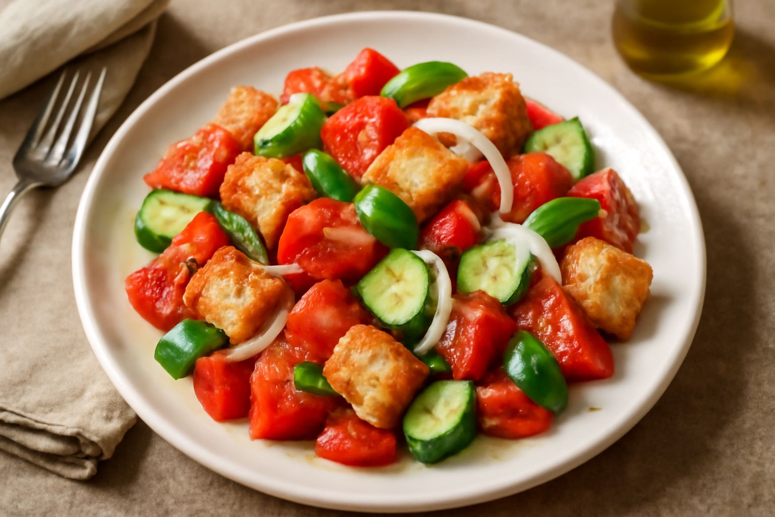 Insalata di pane raffermo in una ciotola bianca: pezzi di pane tostati dorati mescolati con pomodori rossi, cetrioli verdi, cipolle bianche e foglie di basilico fresco, condita con olio giallo dorato.