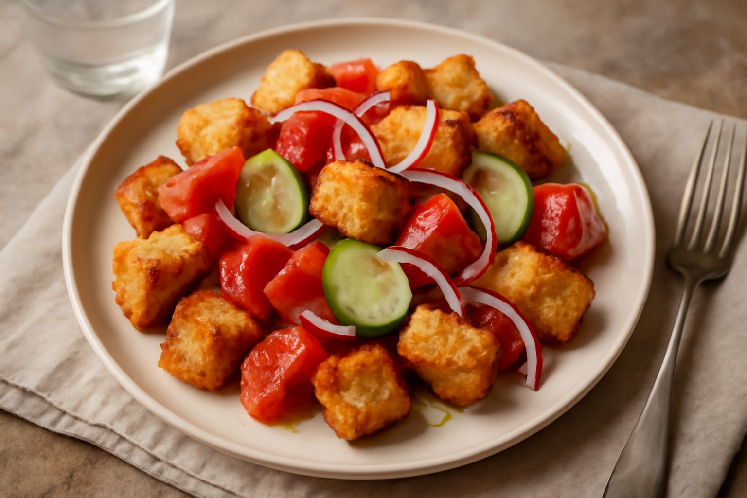 Insalata di pane tostato in una ciotola bianca, con cubetti di pane tostato dorato, pomodori rossi a pezzetti, cetrioli verdi e cipolla rossa, condita con olio verde e foglie di prezzemolo fresco.