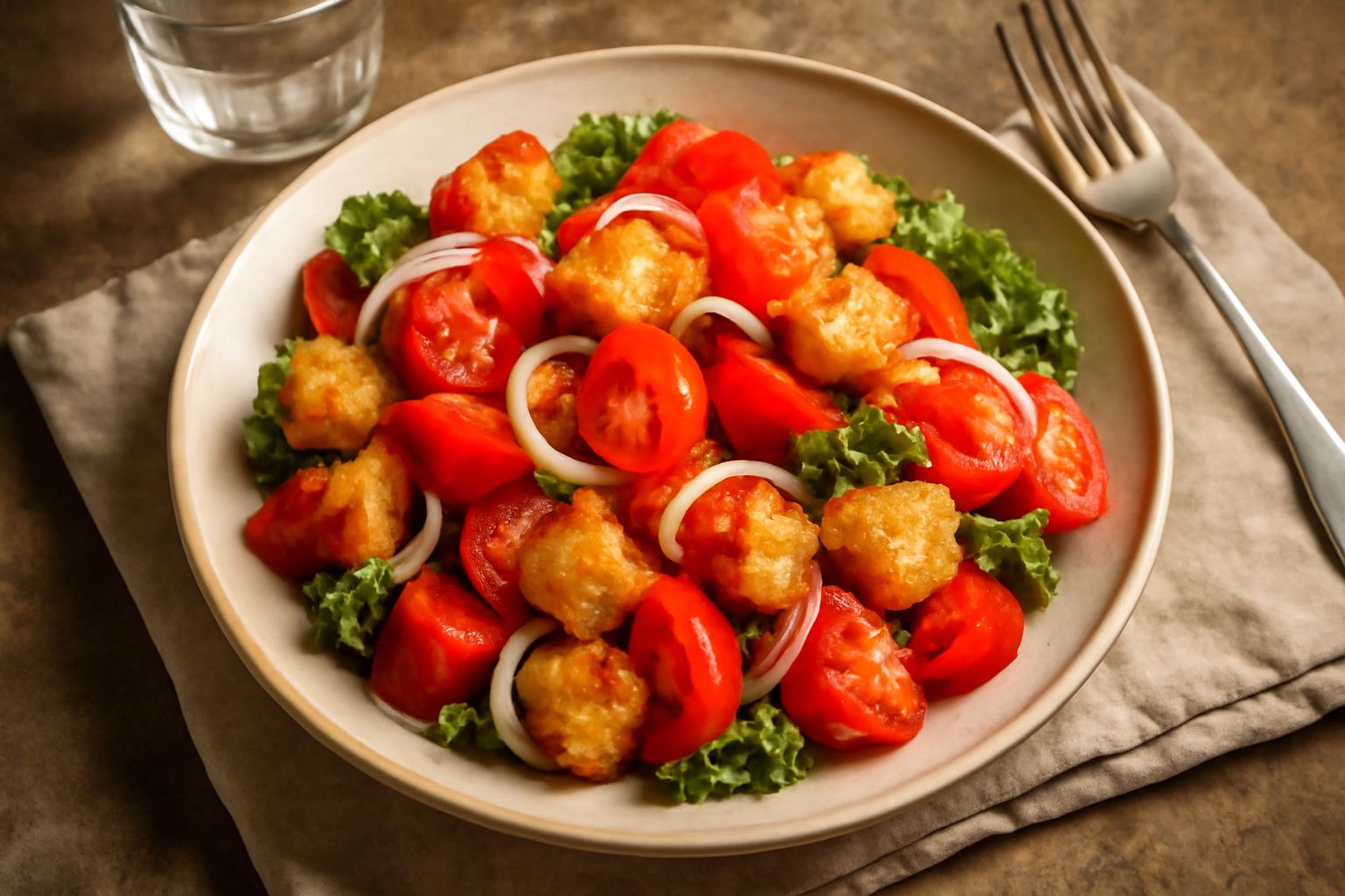 Insalata di pani in una ciotola bianca con cubetti di pane tostato croccanti, pomodori rossi, cipolle bianche affettate sottili, basilico verde fresco, tutto bagnato da un filo d'olio d'oliva lucido