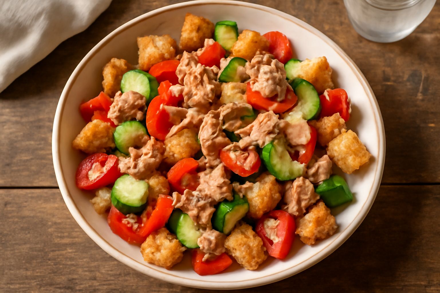 Una ciotola di vetro con panzanella: cubetti di pane tostato croccanti, pomodori rossi tagliati a dadini, fettine di cipolla bianca, filetti di tonno, cetriolo fresco, il tutto legato da un'emulsione 