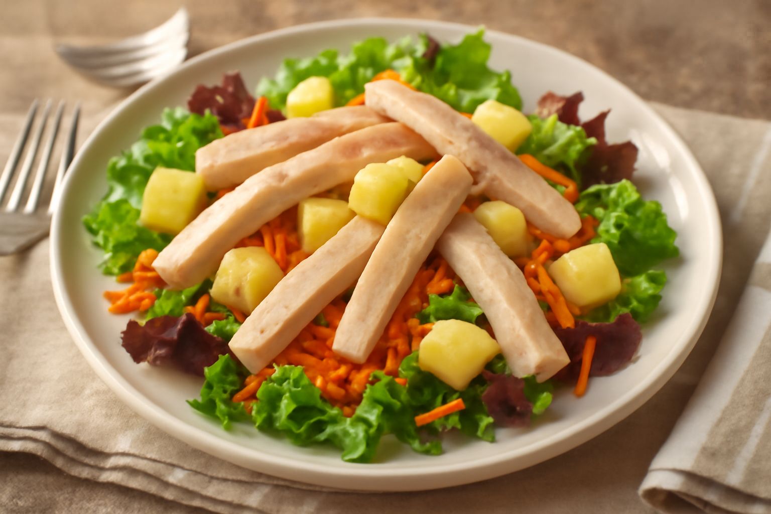 Insalata di papera in piatto bianco: strisce di carne bianca rosa pallido, dadi di mela gialla, carote arancioni grattugiate, lattuga verde, condita con vinaigrette trasparente e guarnita con prezzemo