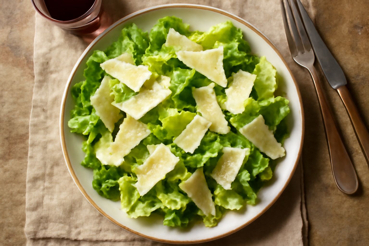 Insalata fresca in ciotola di vetro trasparente: lattuga verde e tenera, scaglie bianche di parmigiano reggiano sparpagliate in superficie, leggera lucidatura di olio dorato, mandorle tostate ai lati,