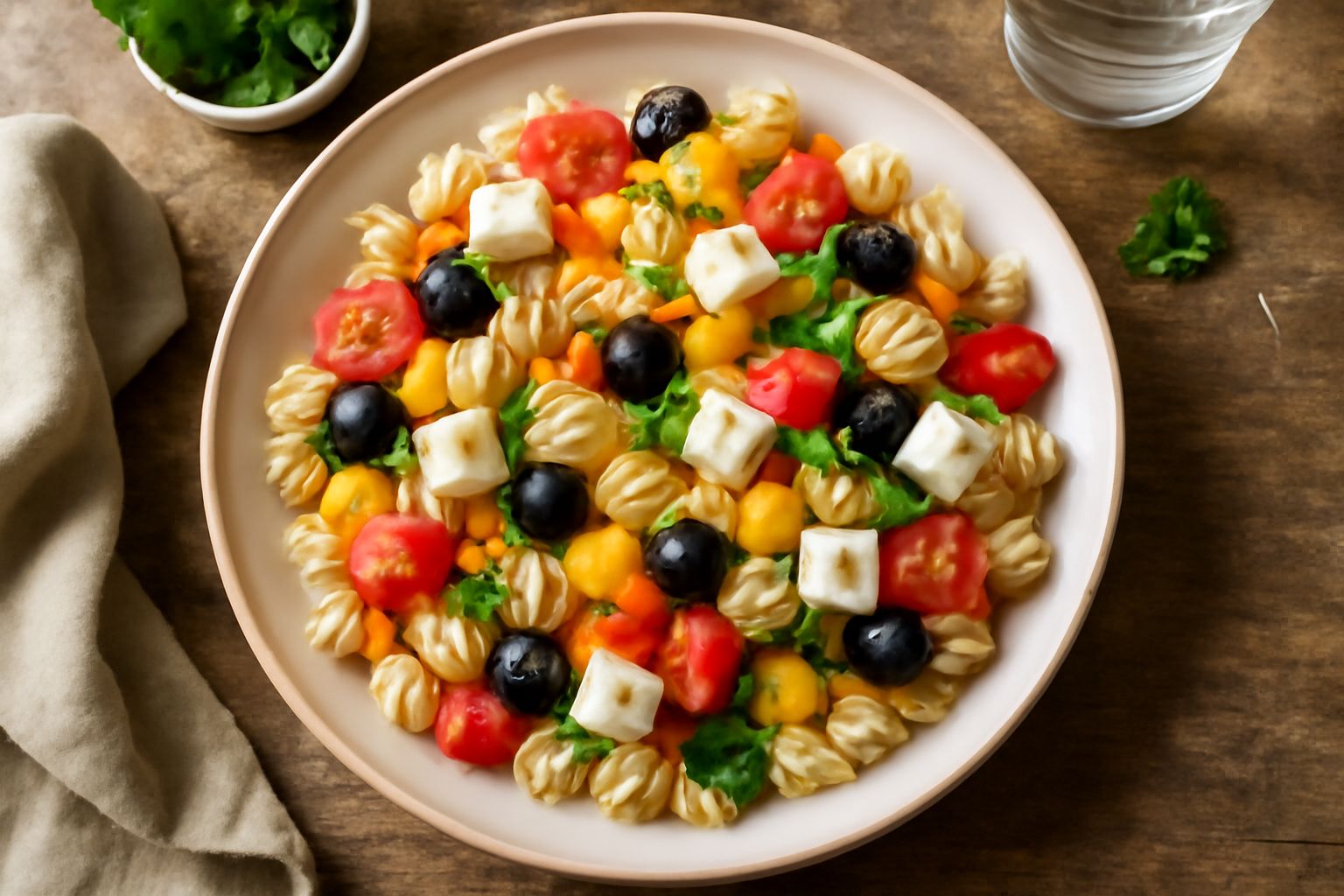 Insalata di pasta in una ciotola bianca: penne tricolori miste a pomodori rossi a dadini, cetrioli verdi affettati, olive nere, formaggio bianco a cubetti e prezzemolo fresco. Un filo d'olio trasparen
