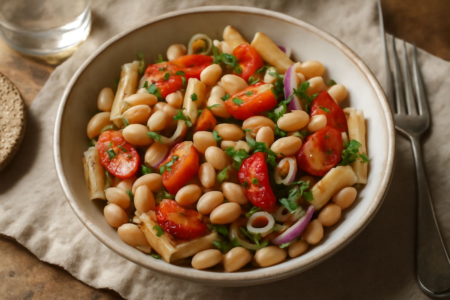 Una ciotola trasparente con insalata di pasta e fagioli bianchi, pomodori rossi tagliati, cipolla rossa affettata e sedano verde, condita con olio d'oliva e prezzemolo fresco, su un tavolo di legno bi
