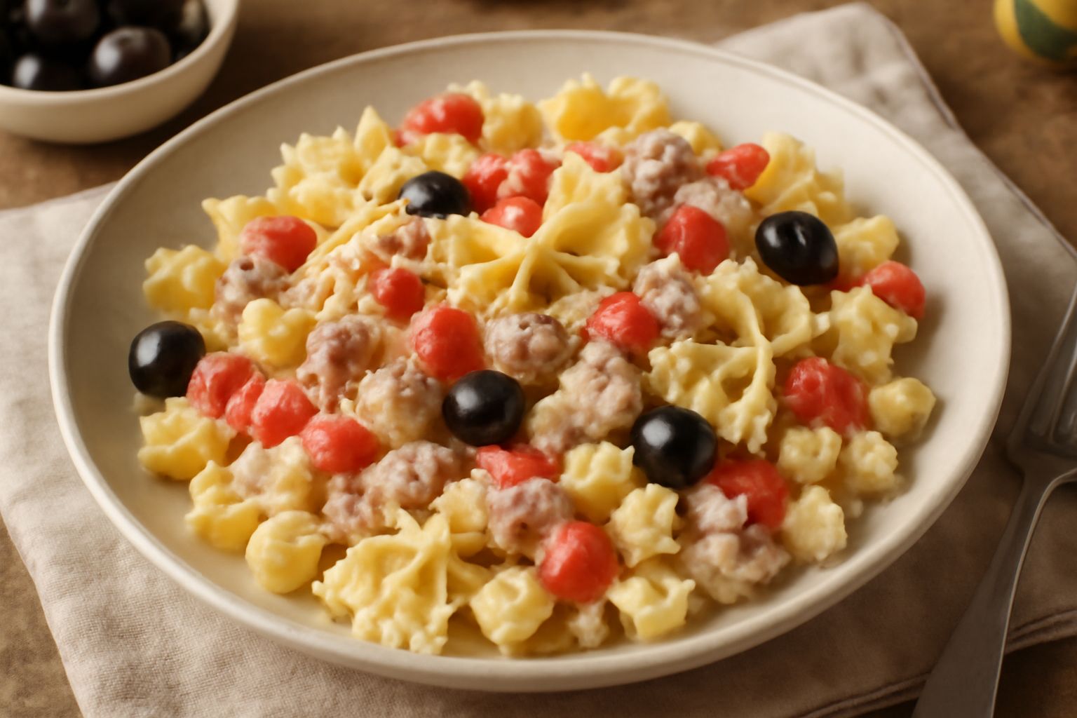 Insalata di pasta e tonno in una ciotola bianca: pasta corta gialla mista a tonno grigio chiaro, pomodori rossi a dadini, cipolla bianca, maionese cremosa, olive nere intere, erba cipollina verde spar