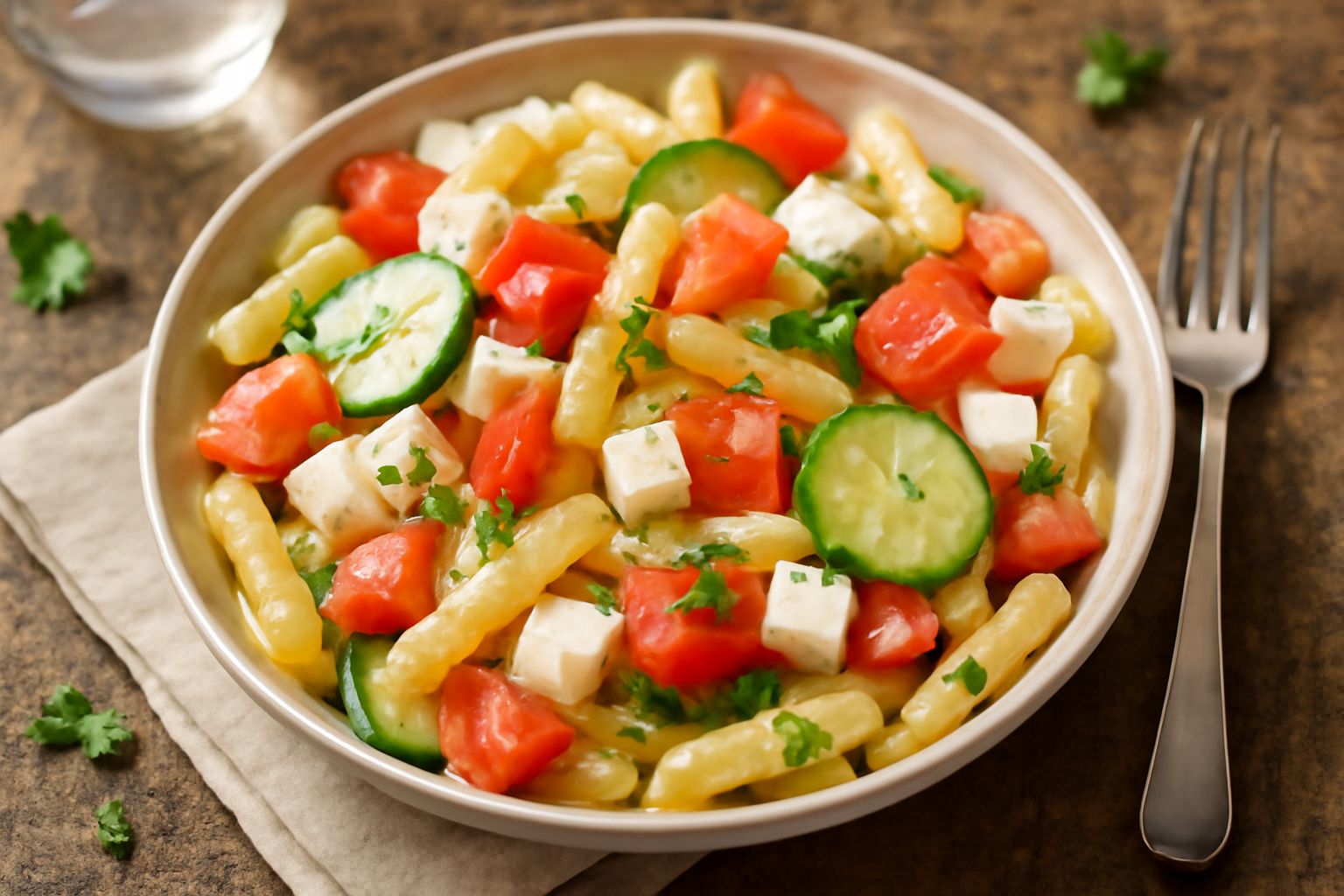 Insalata di pasta fredda con penne, pomodori rossi, cetrioli verdi, mozzarella bianca a cubetti, prezzemolo fresco e olio d'oliva in una ciotola trasparente, servita su un piatto bianco con bordo azzu