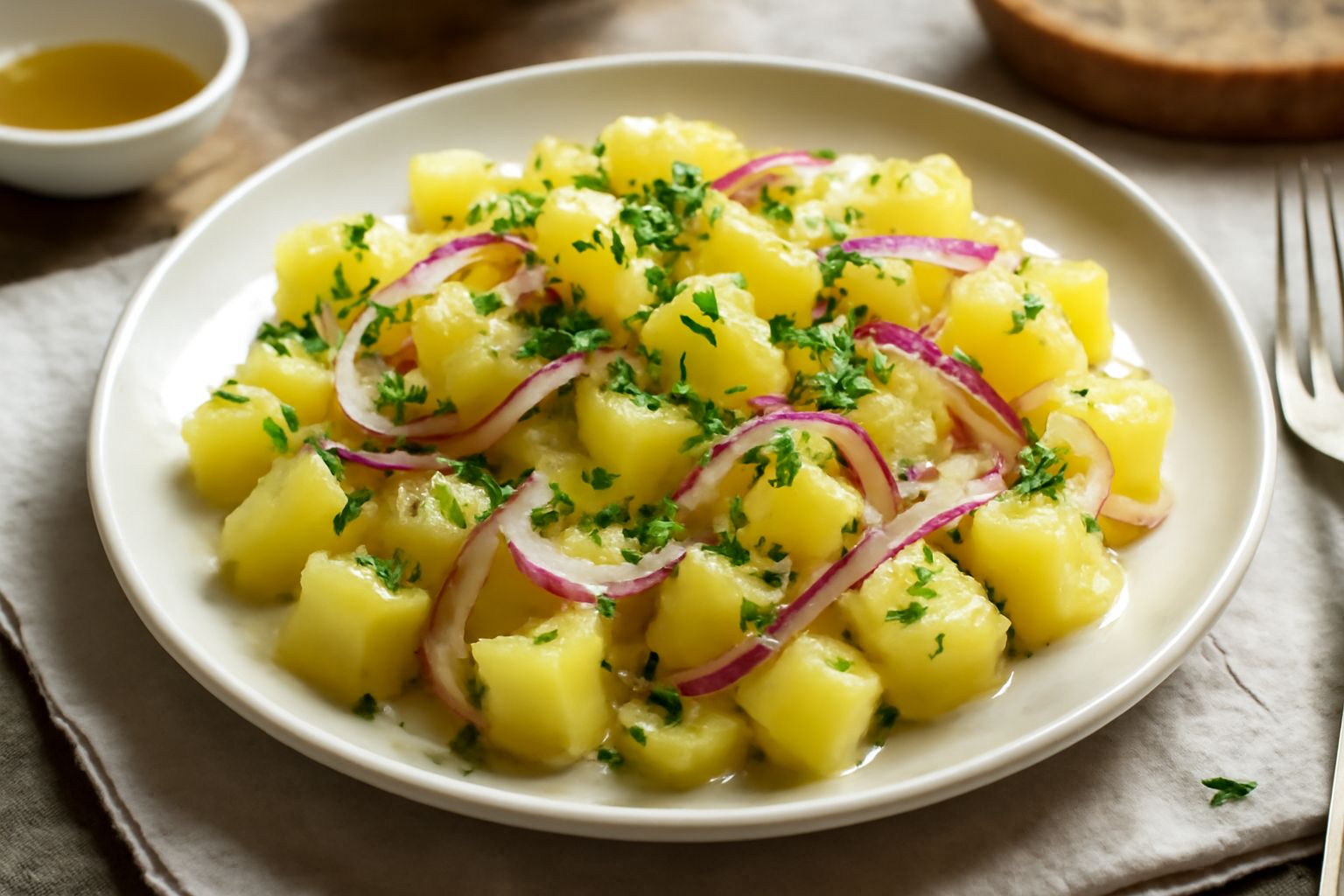 Insalata di patate con cipolla in piatto bianco: patate giallo dorato tagliate a dadini, cipolla rossa trasparente, prezzemolo verde fresco sparso, condimento lucido che lega gli ingredienti
