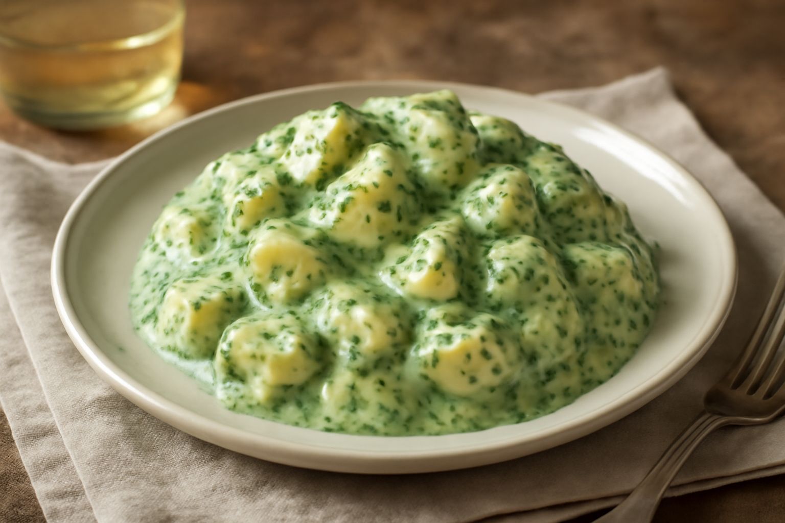 Insalata di patate con salsa verde in un piatto bianco, pezzi di patata dorata ricoperti di salsa verde cremosa, guarnita con erbe fresche e basilico, con patate ancora tiepide visibili sotto la salsa