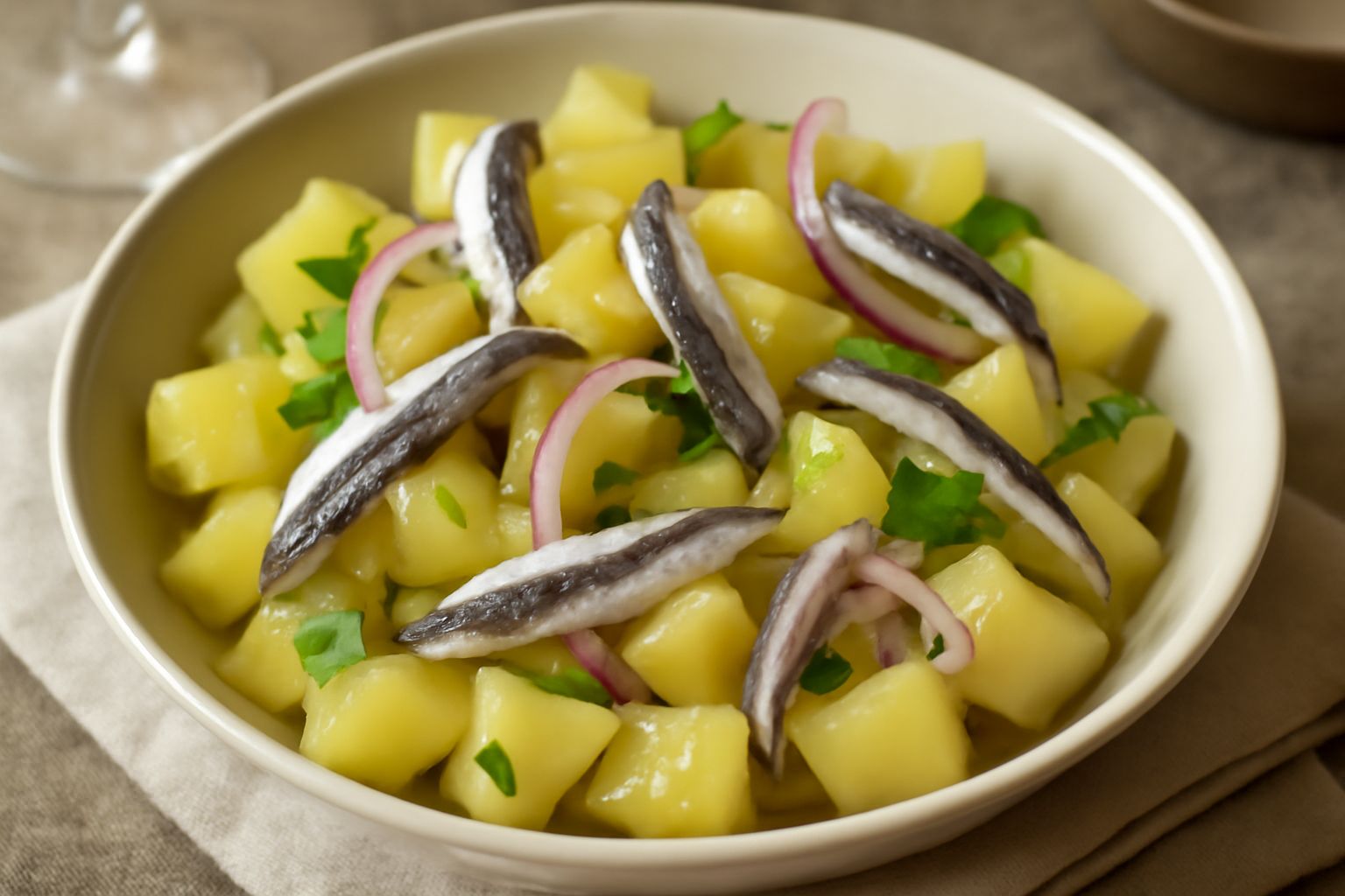 Insalata di patate tagliate a dadini e acciughe in un piatto bianco, condita con olio, con cipolla rossa e prezzemolo fresco sopra