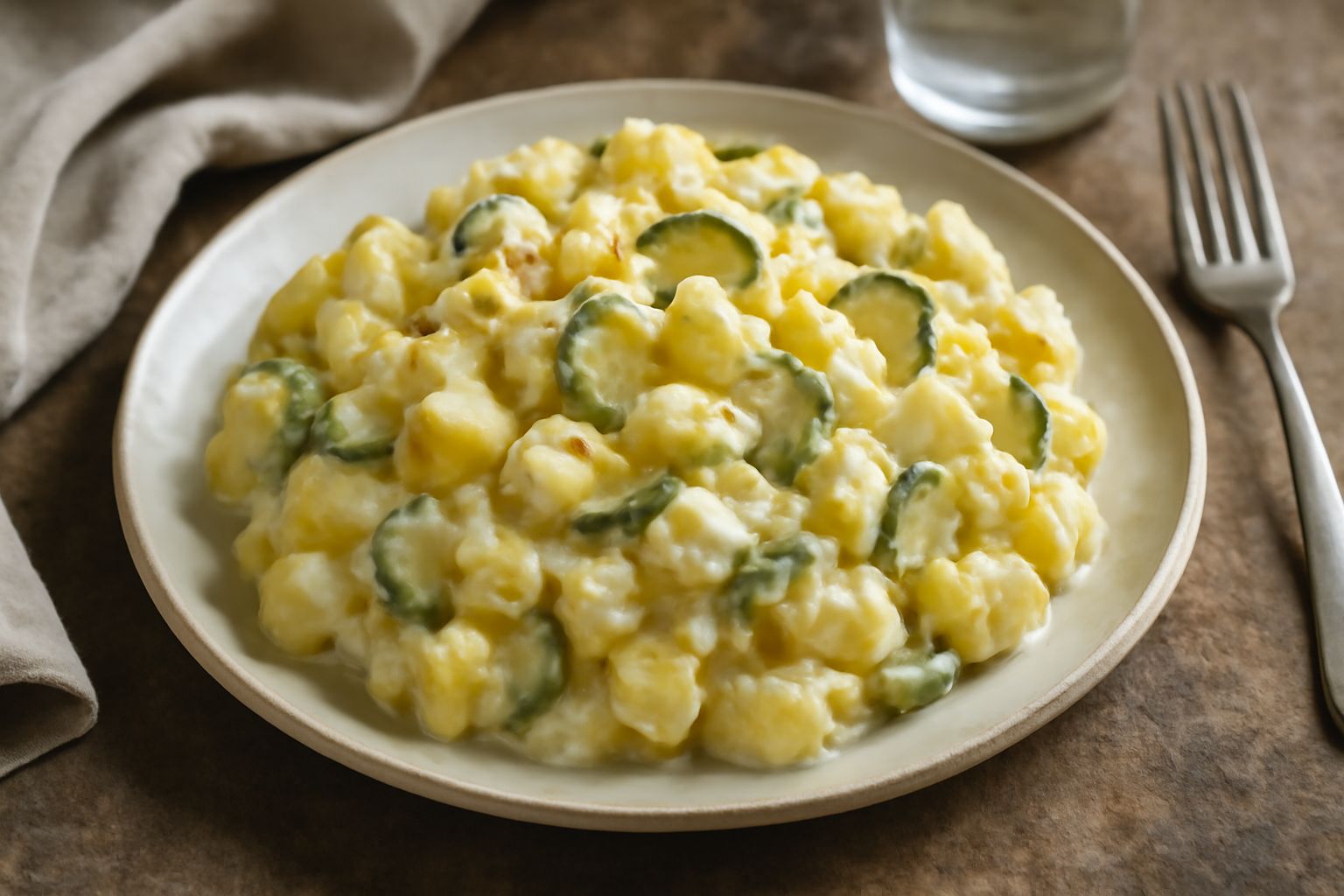 Insalata di patate fredda in una ciotola bianca con patate gialle tagliate a dadini, uova sode a pezzetti, cetriolini verdi e maionese cremosa. Base di patate visibili e guarnizione con aneto fresco.