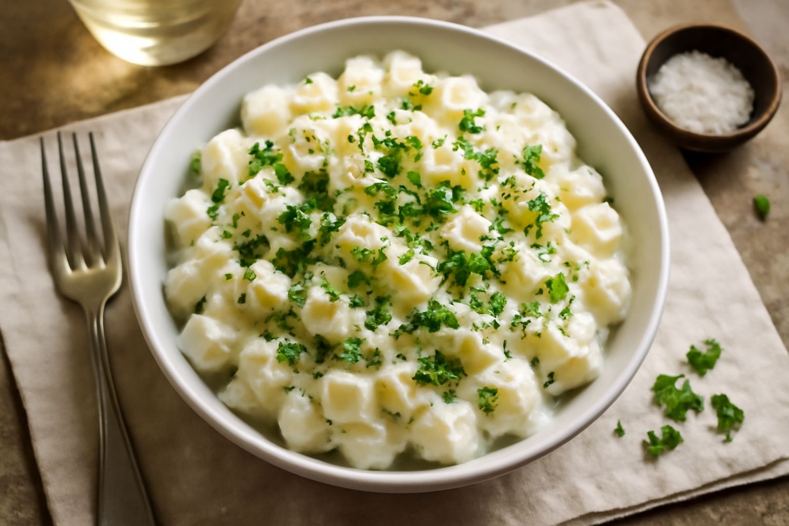 Insalata di patate fredde in ciotola bianca, patate gialle tagliate a dadini, con riflessi cremosi bianchi di maionese, pezzetti di cipolla trasparente sparsi in superficie, prezzemolo verde fresco tr