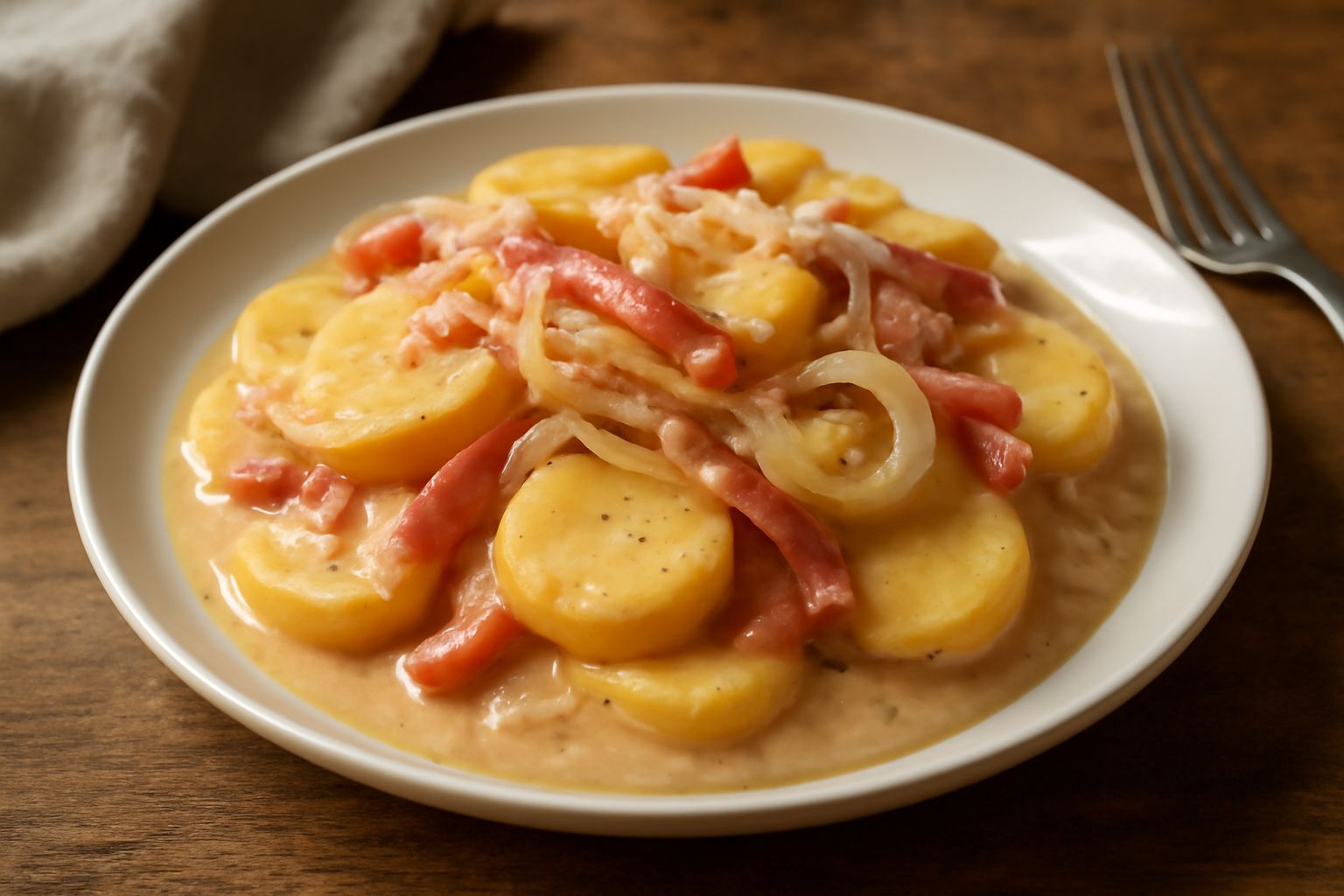 Insalata di patate tirolese servita in una ciotola bianca, con fette di patate gialle, strisce di speck rosa e cipolla bianca, condite da una salsa cremosa beige, decorata con erba cipollina fresca