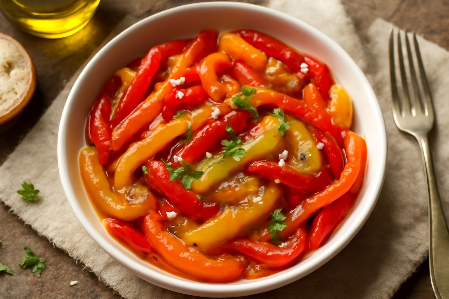 Insalata di peperoni rossi, gialli e arancioni tagliati a striscia in una ciotola bianca, con gocce di olio e aglio tritato visibile in superficie