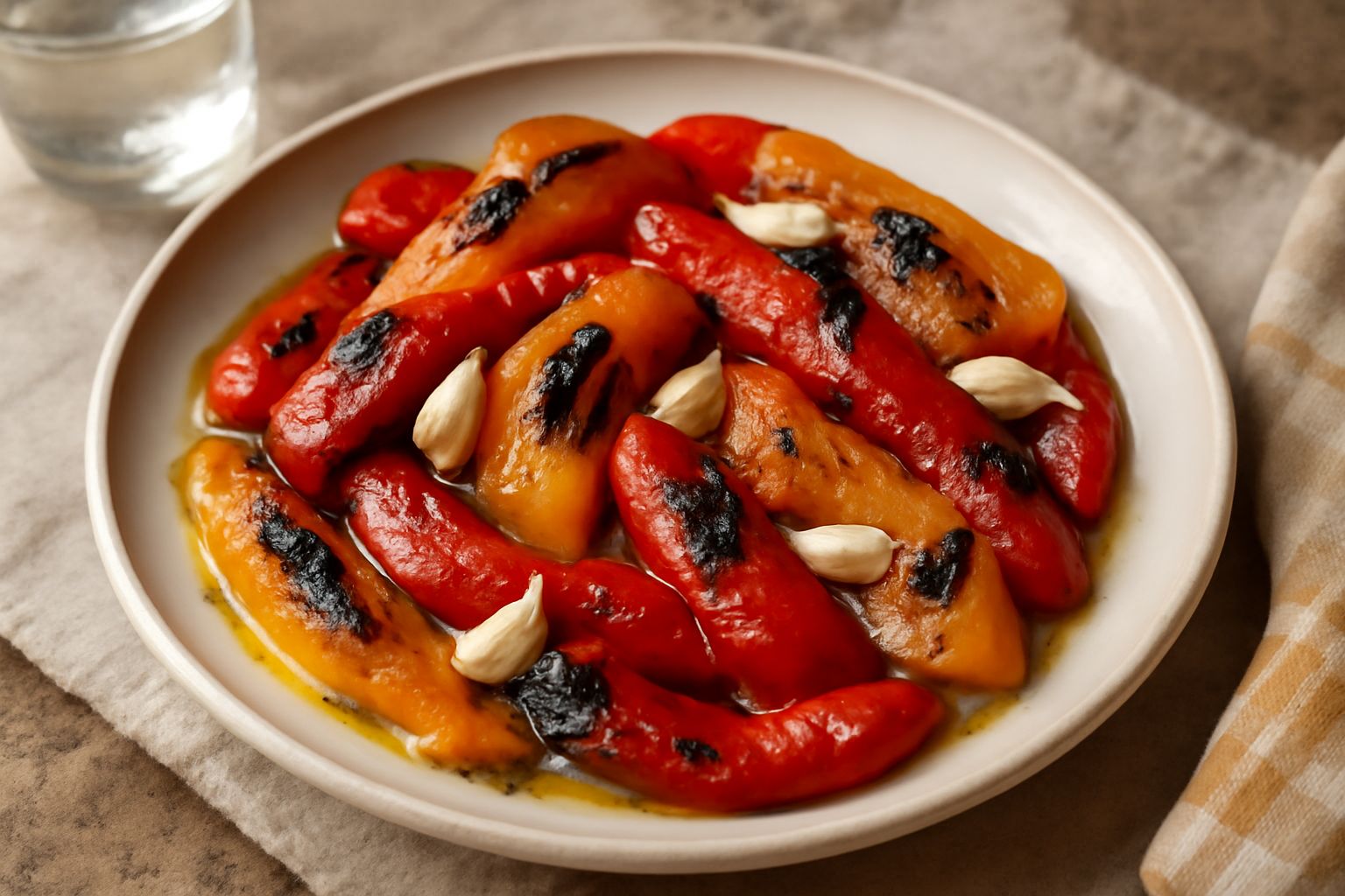 Insalata di peperoni arrostiti rossi e gialli, tagliati a strisce, con pelle nera bruciata parzialmente tolta, condita con olio d'oliva lucido, aglio fresco e prezzemolo verde su un piatto bianco