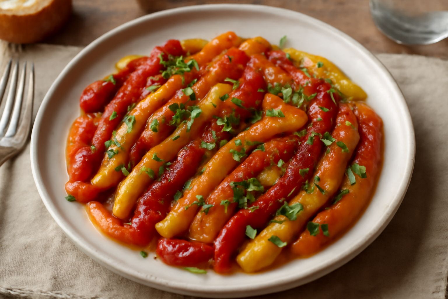 Insalata di peperoni arrosto rossi, gialli e arancioni tagliati a strisce in un piatto bianco, conditi con olio extravergine, aglio sottile e prezzemolo fresco tritato.