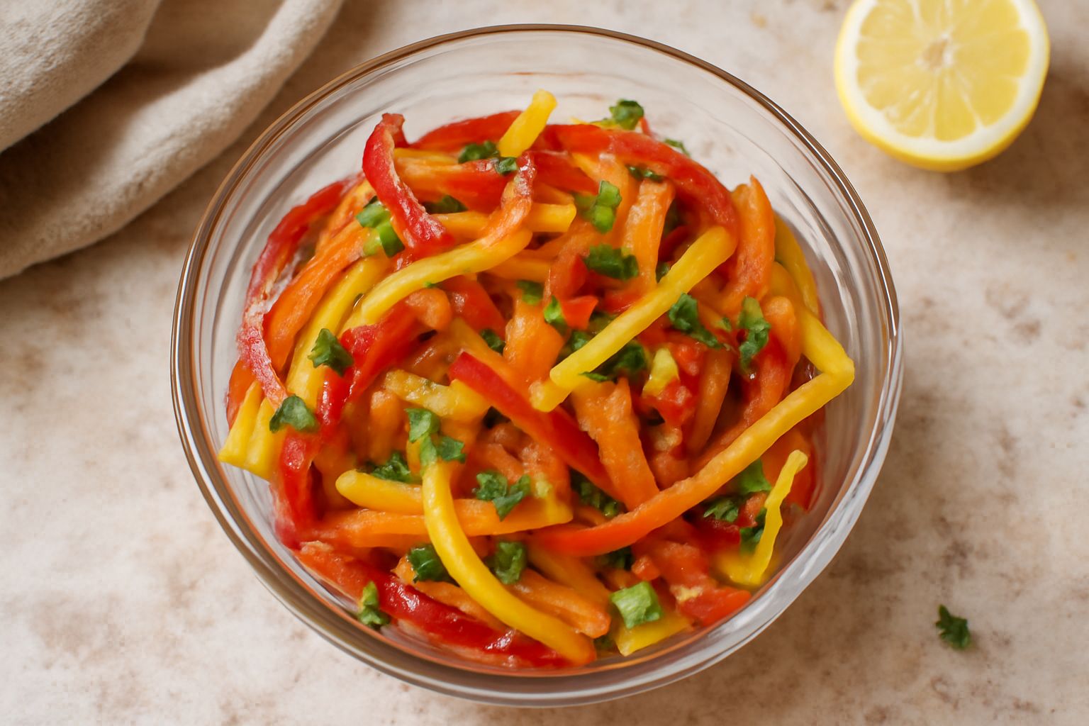 Insalata di peperoni rossi, gialli e arancioni tagliati a striscie sottili in una ciotola bianca, conditi con olio e prezzemolo fresco, su tavolo di legno