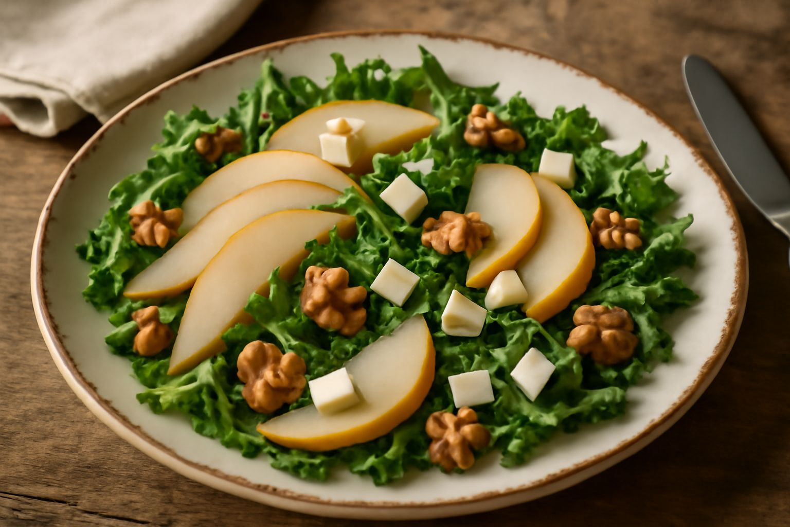 Insalata di pere affettate in fette sottili alternate a foglie verdi scure, noci tostate spezzettate, dadini di formaggio blu, il tutto disposto in un piatto bianco con condimento lucido in superficie
