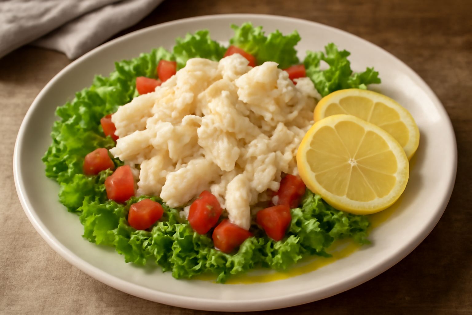 Insalata di persico in piatto bianco: fili di pesce bianco e floccoso, lattuga verde riccia, pomodori tagliati, cetriolo a fette, limone fresco, condimento lucido con olio dorato