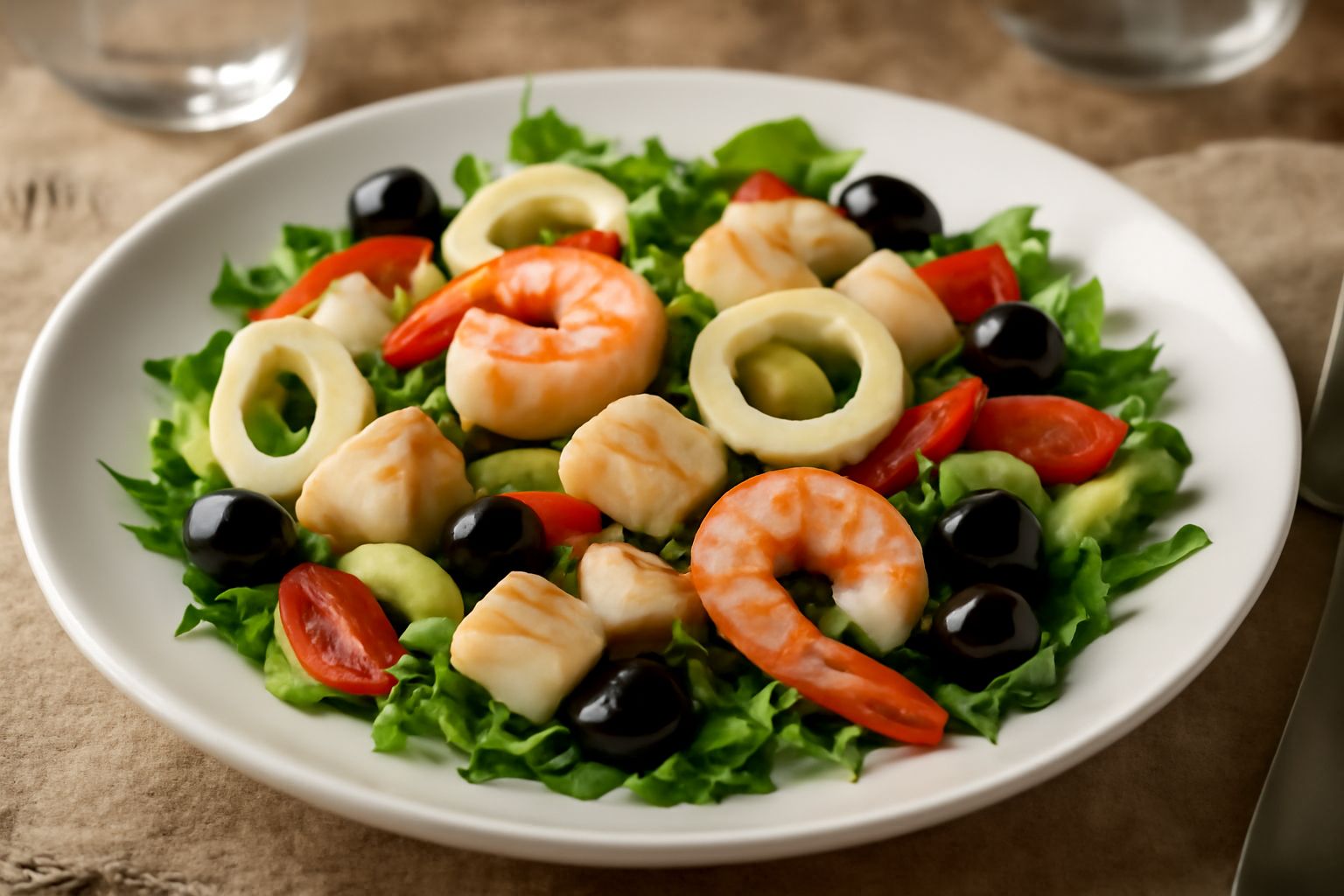 Insalata di pesce in un piatto bianco: calamari a anelli, gamberi rosa, filetti di branzino, sedano bianco e pomodorini gialli, conditi con olio d'oliva e limone, con fondo di lattuga verde