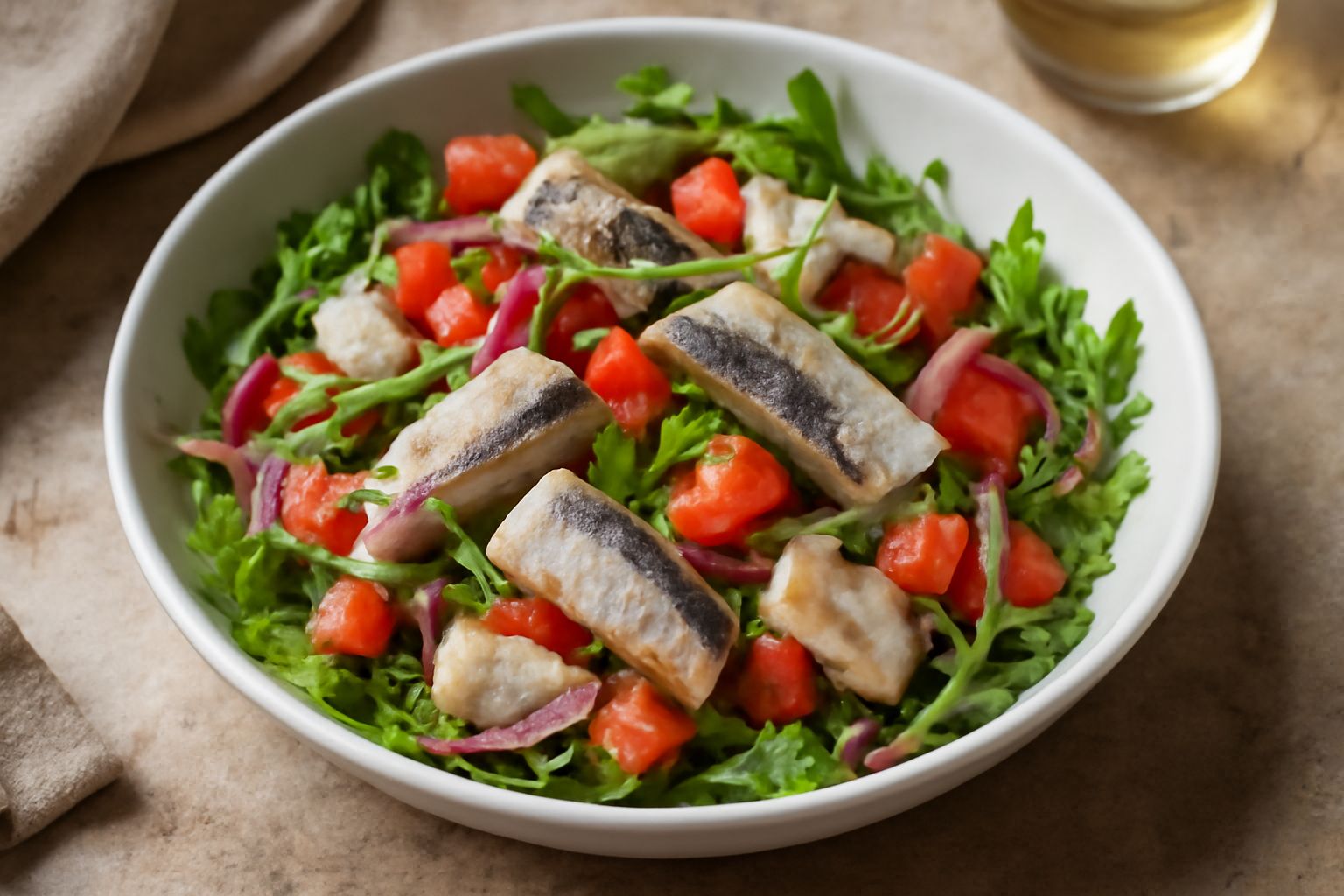 Insalata bianca e blu servita in ciotola: filetti di pesce azzurro bianco perlato, pomodori rossi a dadini, cipolla rossa trasparente, foglie di rucola verde scuro, limone giallo tagliato a fette, oli