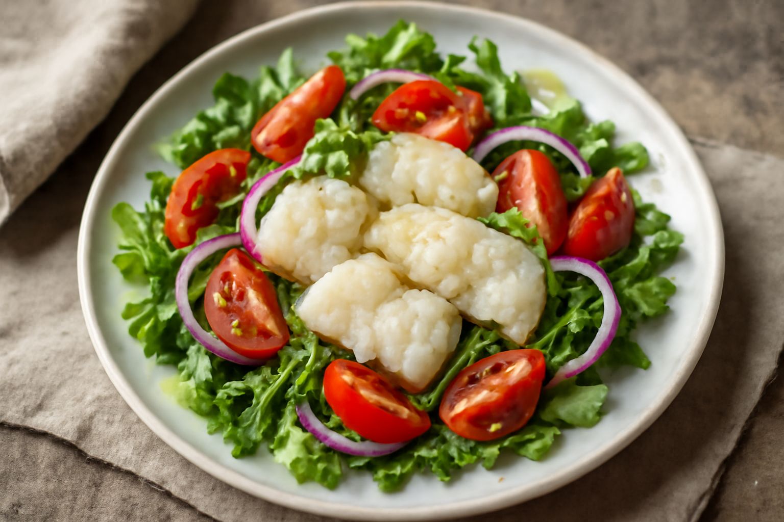 Insalata di pesce bianco servita in piatto bianco con filetti di pesce translucidi, lattuga verde, pomodorini rossi, rucola, fettine di limone giallo e gocce di olio dorato