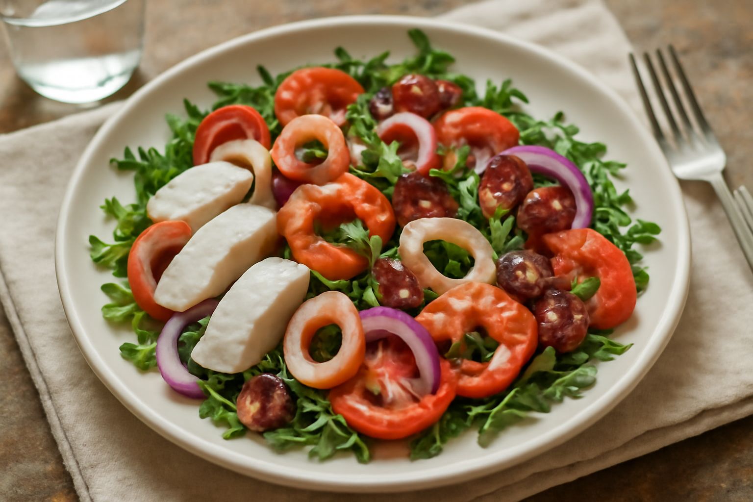 Insalata di pesce misto servita in piatto bianco: fette di branzino rosa, anelli di calamari bianchi, gamberi rossi e pezzetti di polpo grigio, mescolati con rucola fresca, pomodori rossi affettati e 