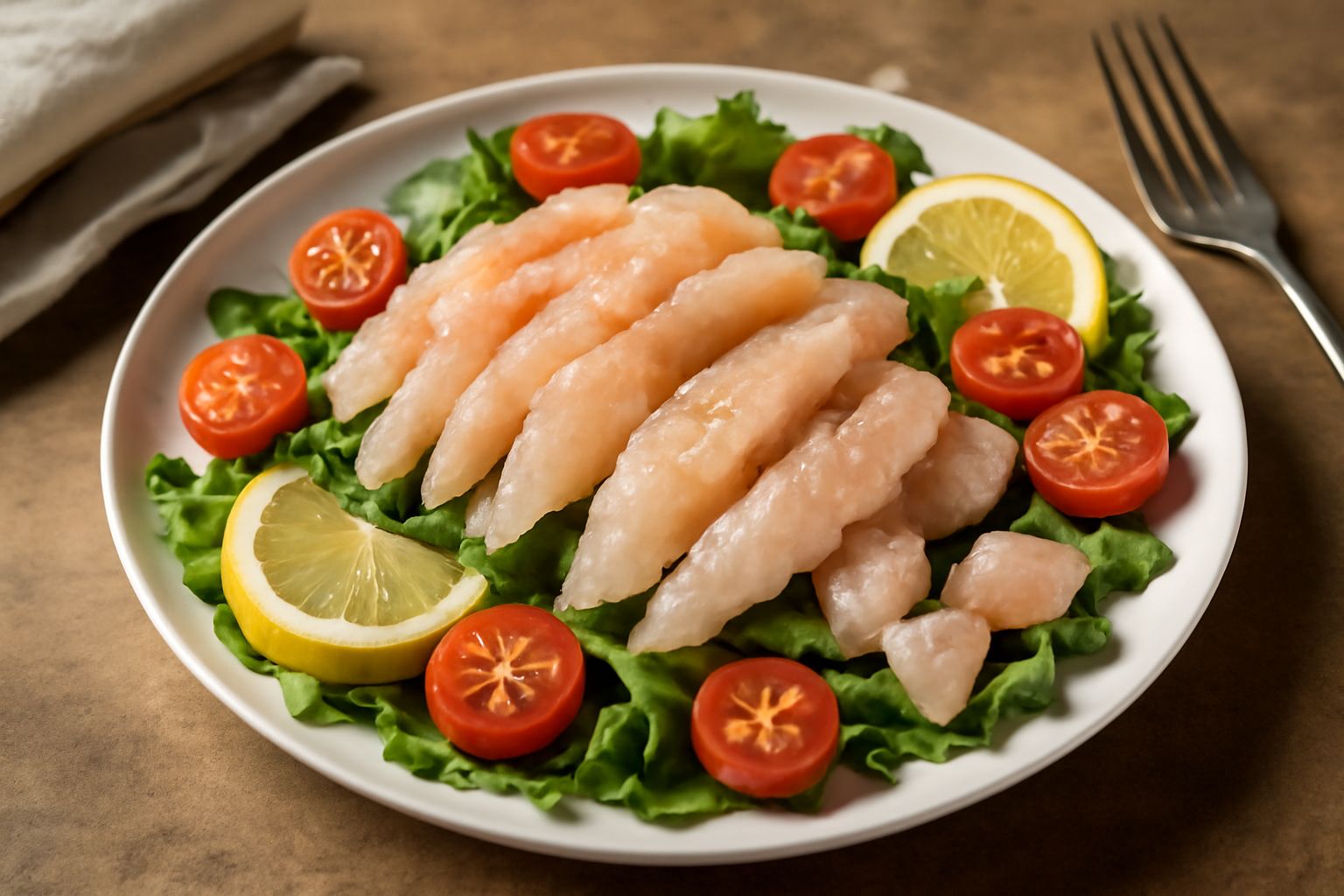 Insalata di pesce persico servita in piatto bianco: filetti di pesce crudo rosato marinato con limone, contornata da rucola verde, pomodorini rossi, cetrioli affettati e olive nere, condita con olio e