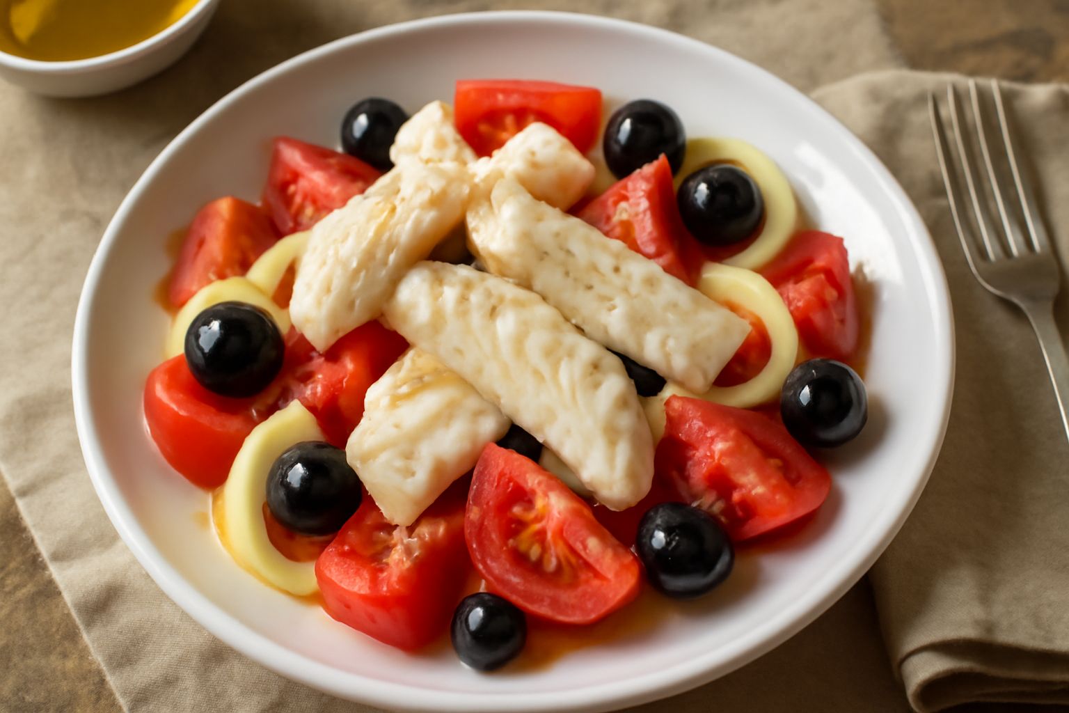 Insalata di pesce salato servita in piatto bianco: filetti di baccalà desalato bianchi su letto di pomodori rossi, cipolle bianche affettate sottili, olive nere, prezzemolo verde fresco, con filo di o