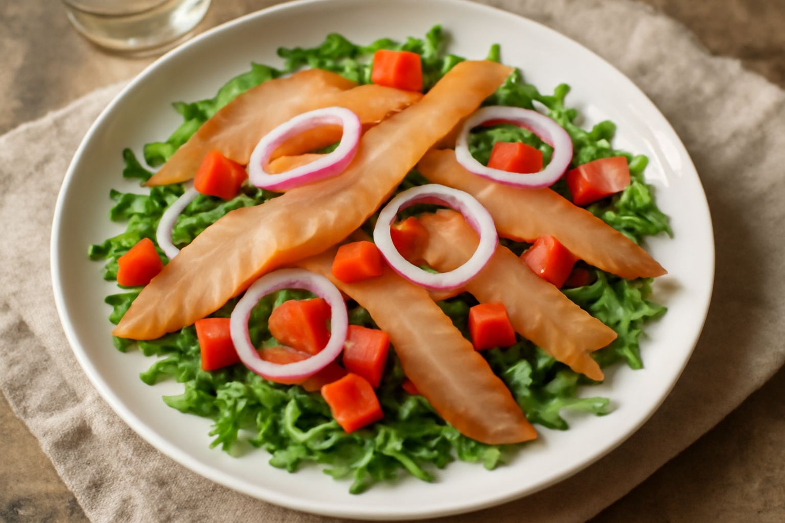 Insalata in piatto bianco con strisce di pesce spada affumicato color ambrato, rucola verde, pomodori rossi, cipolla rossa e limone fresco a spicchi