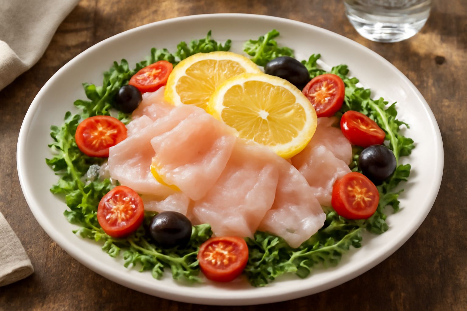 Insalata di pesce spada crudo in piatto bianco: fette sottili di pesce translucido, rucola verde scuro, pomodorini rossi, fette di limone giallo e gocce di olio d'oliva lucido su sfondo neutro