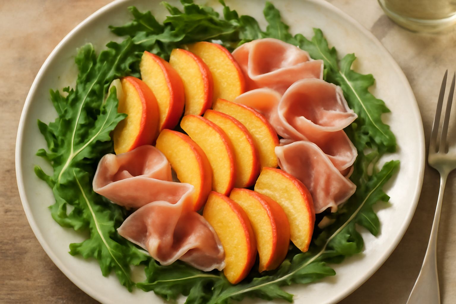 Insalata su piatto bianco con fette di pesche gialle e rosa, strisce di prosciutto crudo piegato, rucola verde scuro, condimento lucido; accanto bicchiere d'acqua e posate.