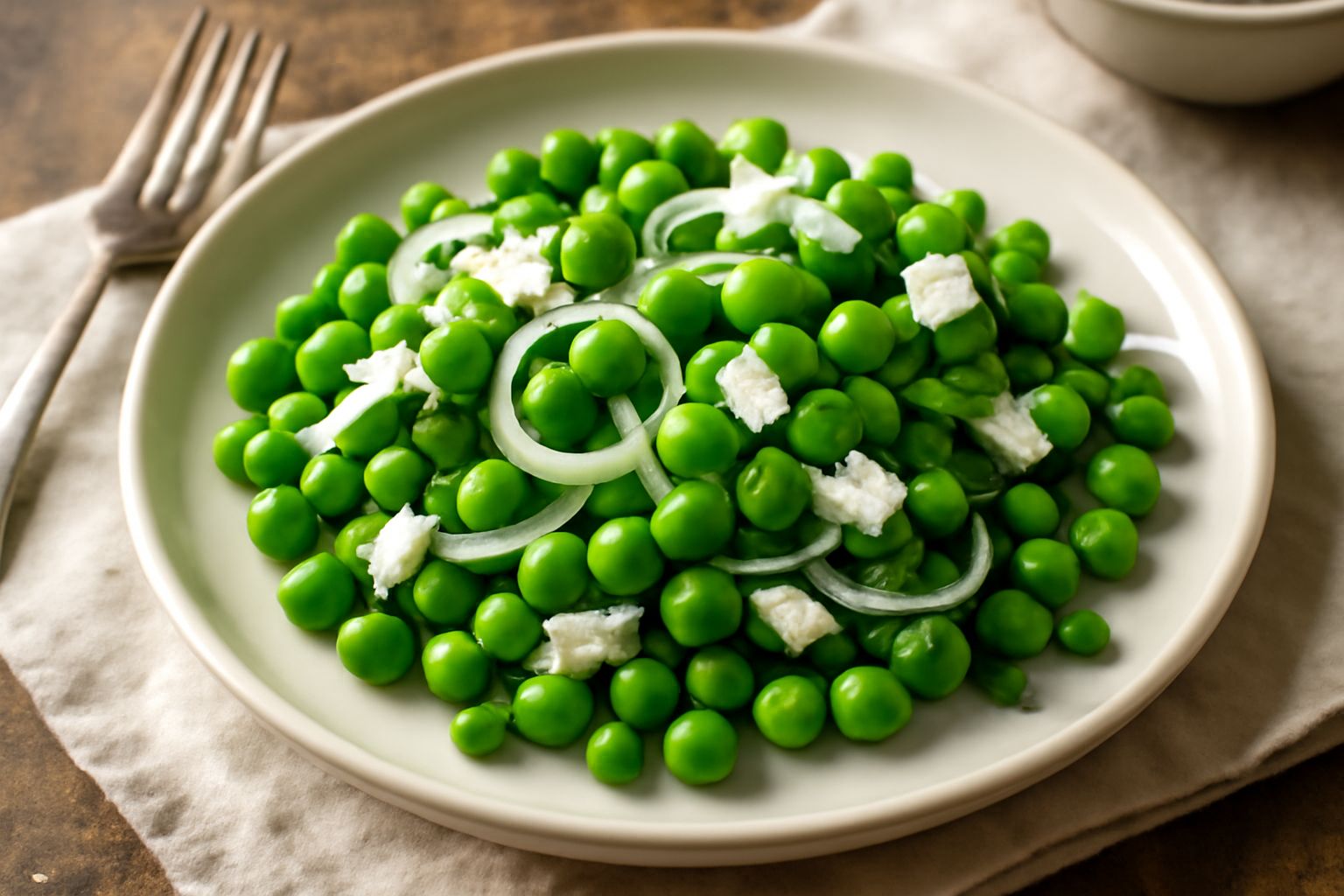 Un piatto bianco con insalata di piselli crudi sbucciati di colore verde brillante, mescolati a fettine sottili di cipolla bianca, foglie di prezzemolo fresco e ricotta salata grattugiata, conditi con
