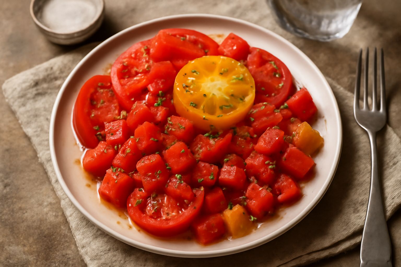 Insalata di pomodori rossi e gialli tagliati a fette su piatto bianco, conditi con olio verde e foglie di basilico fresco, cipolla rossa sottile e sale grosso