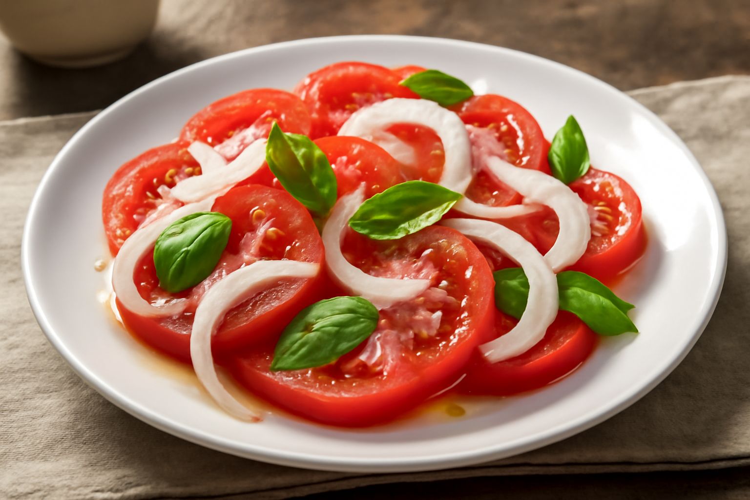 Insalata di pomodori rossi maturi tagliati a fette e spicchi con cipolla bianca sottile, foglie di basilico verde fresco, gocce di olio extravergine d'oliva in un piatto bianco. Contesto: tavolo legno