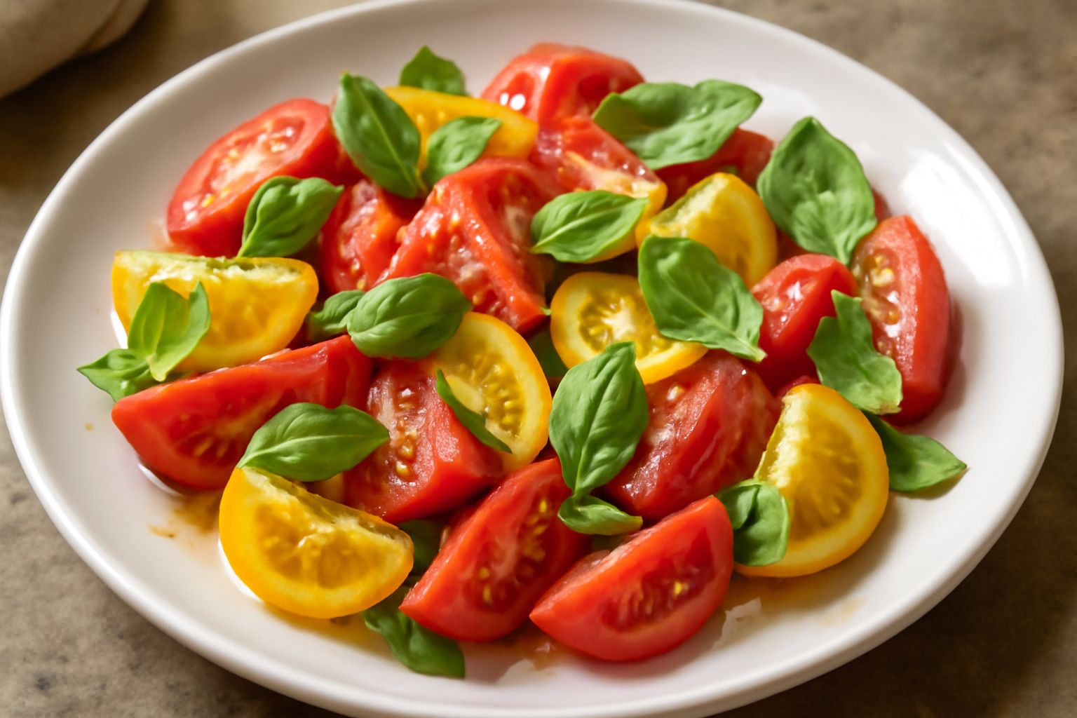 Insalata di pomodori rossi e gialli a fette in un piatto bianco con foglie di basilico verde brillante, gocce di olio extravergine e cristalli di sale grosso sparsi in superficie