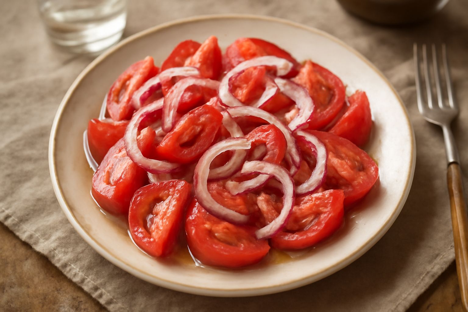 Insalata di pomodori rossi tagliati a fette con cipolla bianca cruda affettata sottile, condita con olio verde oliva e sale, servita in un piatto bianco, foglie di basilico fresco sparse sopra