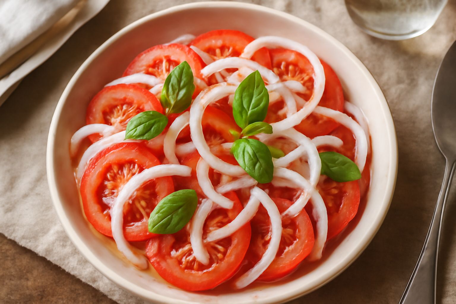 Insalata di pomodori rossi a fette e cipolle rosse sottili in una ciotola bianca, con olio d'oliva, sale e foglie di basilico fresco sparse in superficie