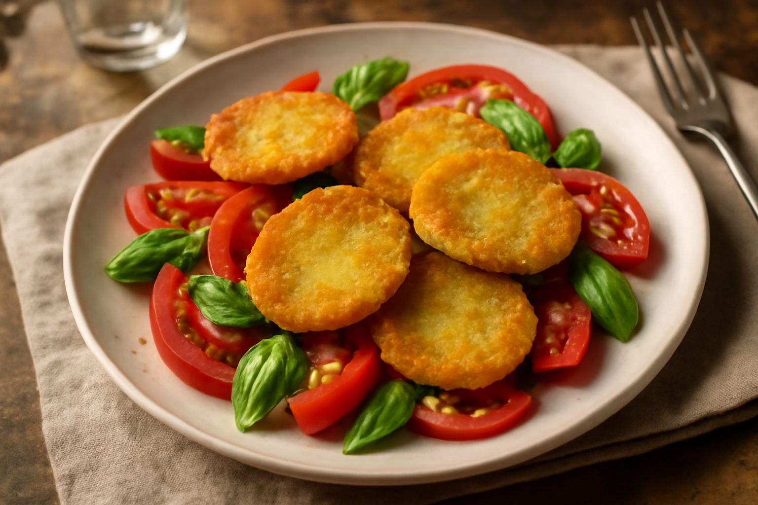 Insalata con fette di pomodori verdi fritti dorate e croccanti, disposte su letto di rucola verde scuro, con fili di olio e foglie di basilico fresco sparse