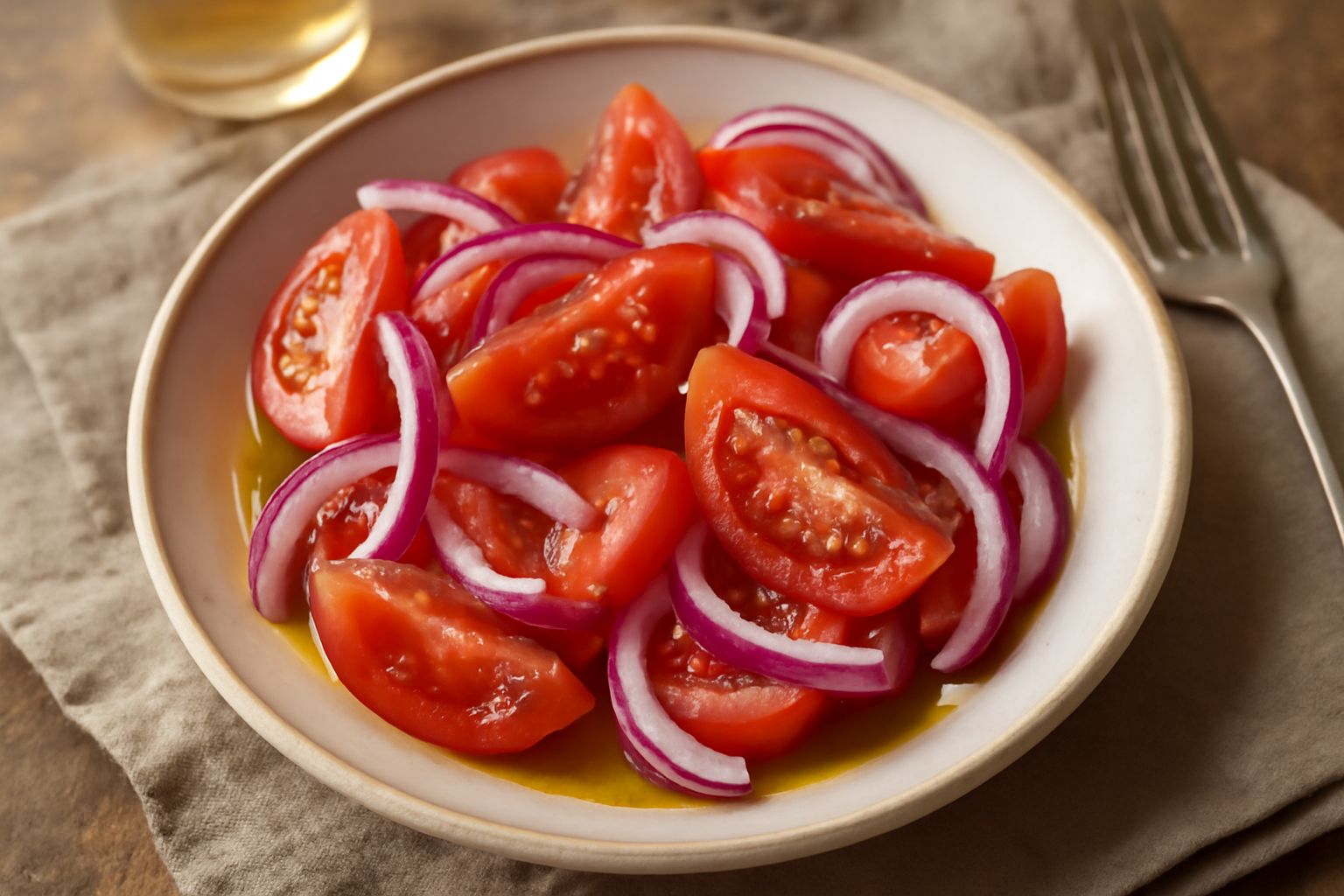 Insalata di pomodoro rosso e cipolla bianca in una ciotola di ceramica bianca, con fili di olio verde e cristalli di sale grosso visibili, piatto visto dall'alto con spruzzi di prezzemolo fresco