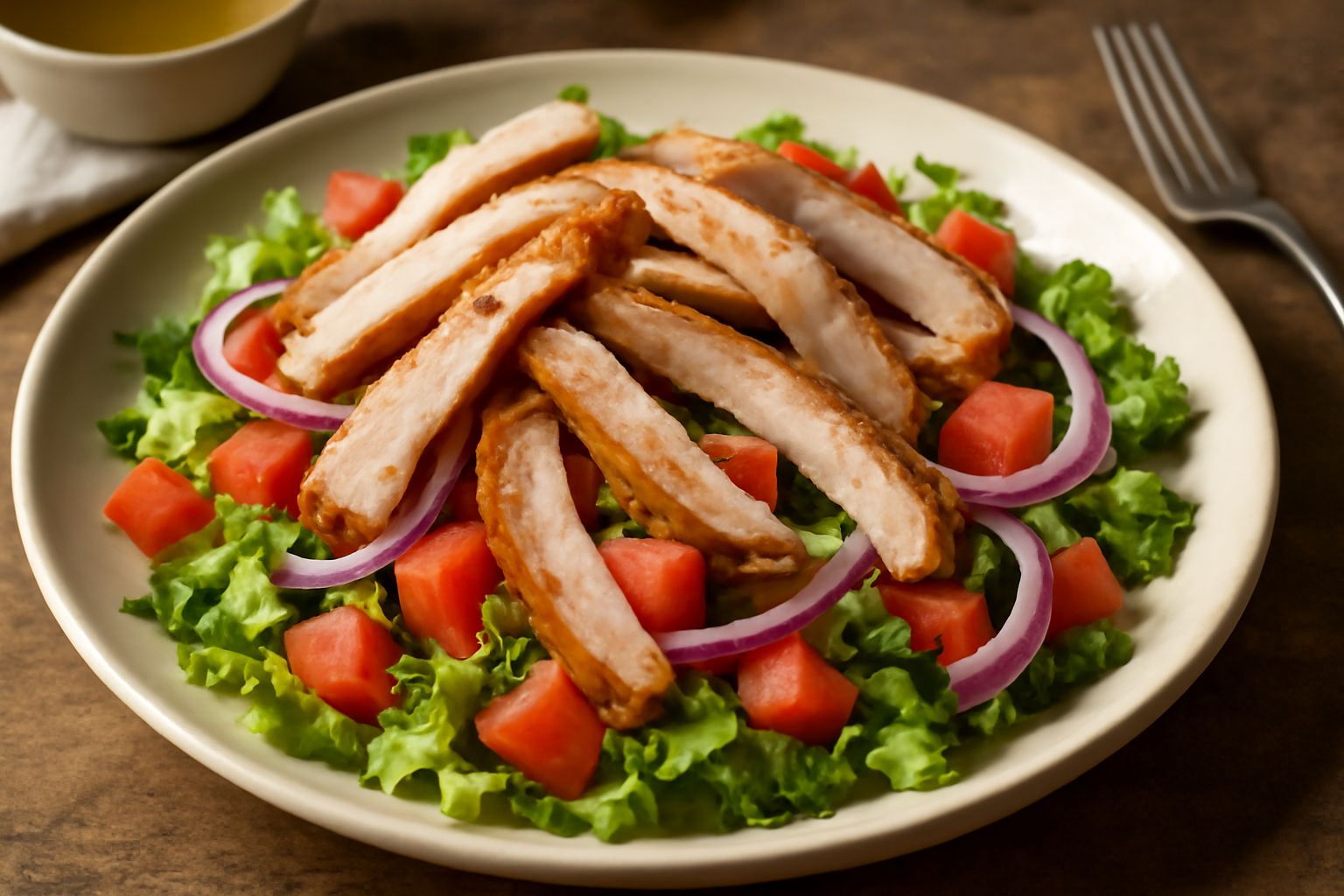 Piatto bianco con insalata di porchetta: strisce di carne rosa e bianca, lattuga verde, pomodori rossi a dadini, cipolla rossa in sottili anelli, condita con olio e limone