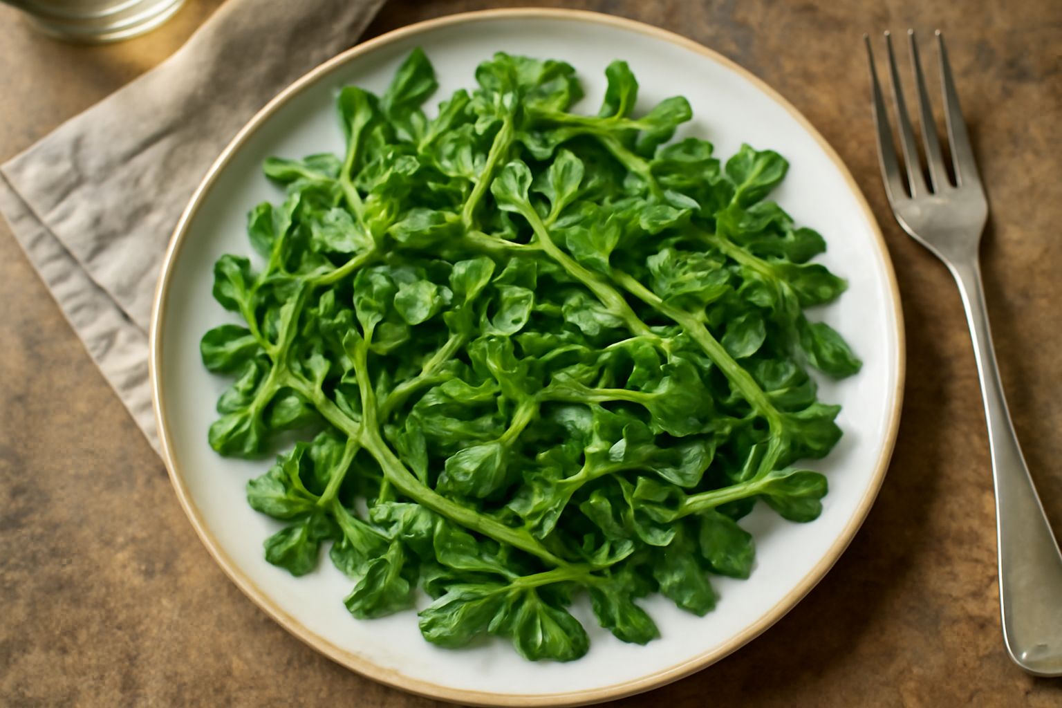Insalata di portulaca servita in una ciotola bianca, con gambi e foglie verde brillante croccanti, gocce d'acqua ancora visibili, condita con olio d'oliva e limone fresco