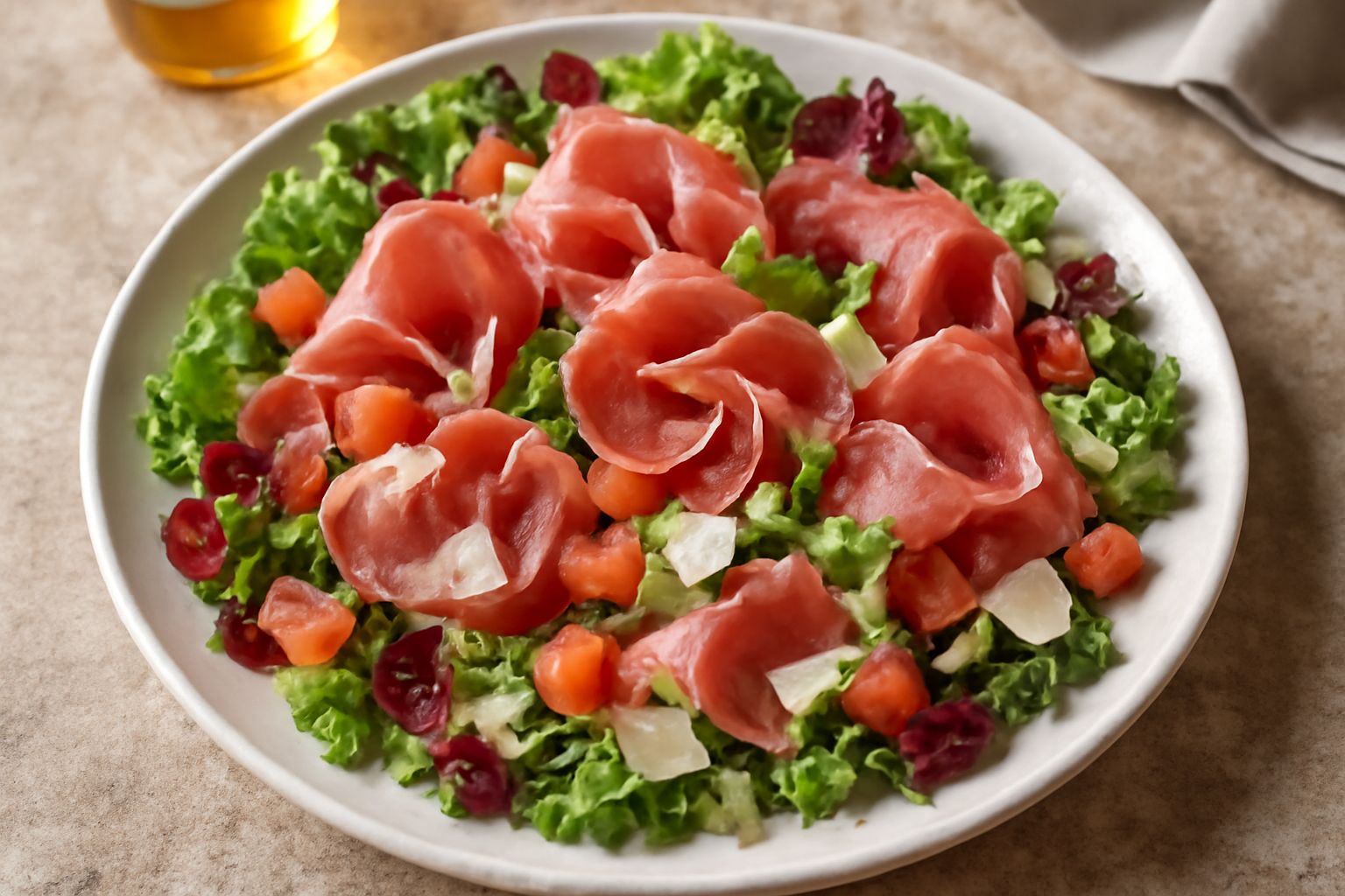 Insalata in piatto bianco con fette di prosciutto crudo arrotolate, foglie di lattuga verde e rossa, pomodori rossi a dadini, formaggio bianco grattugiato, olio dorato